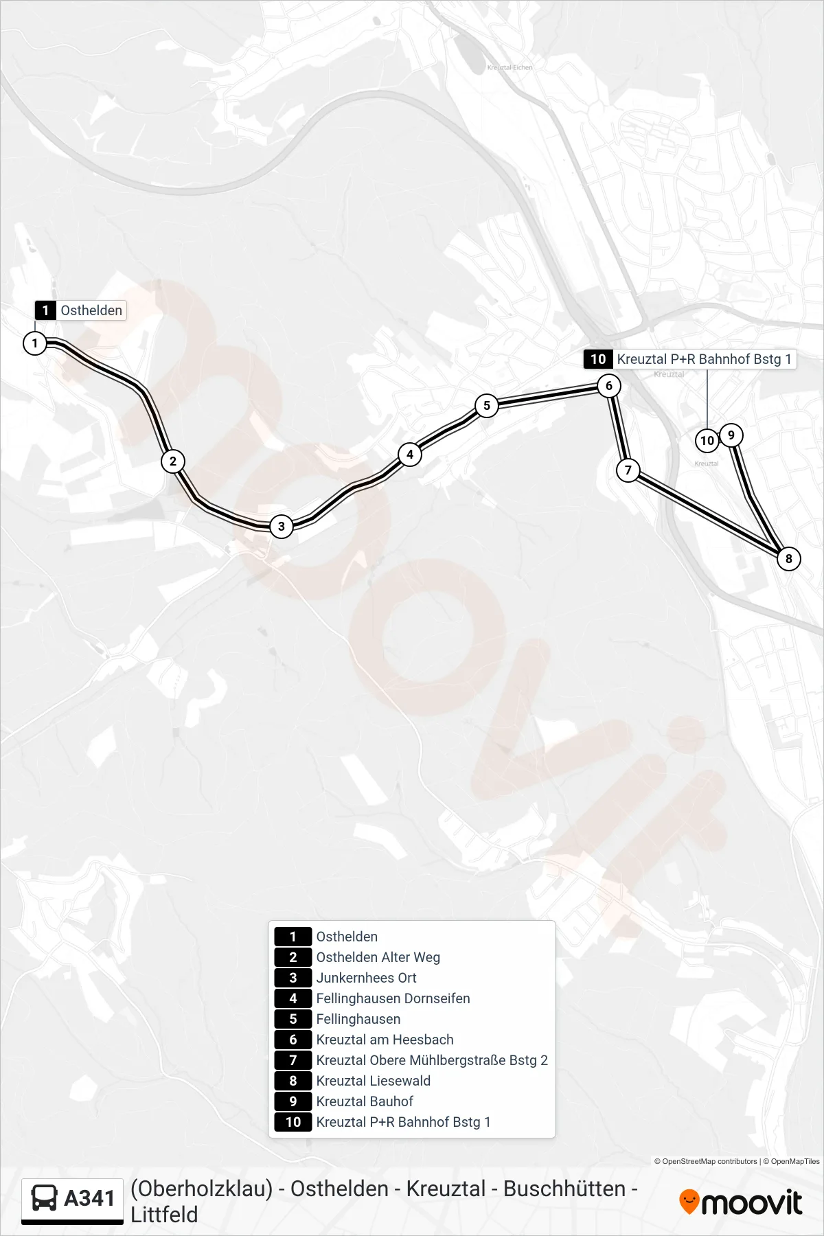 Linie A341 (Bus) Richtung Kreuztal P+R Bahnhof Bstg 1: Route und Haltestellen auf der Karte
