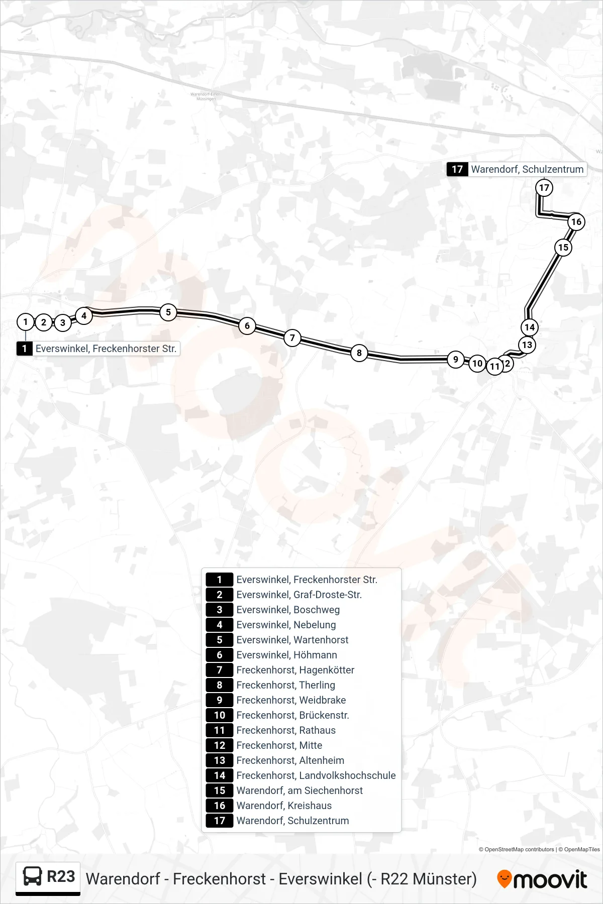 R23 bus Line (Warendorf, Schulzentrum) route and stops on a map