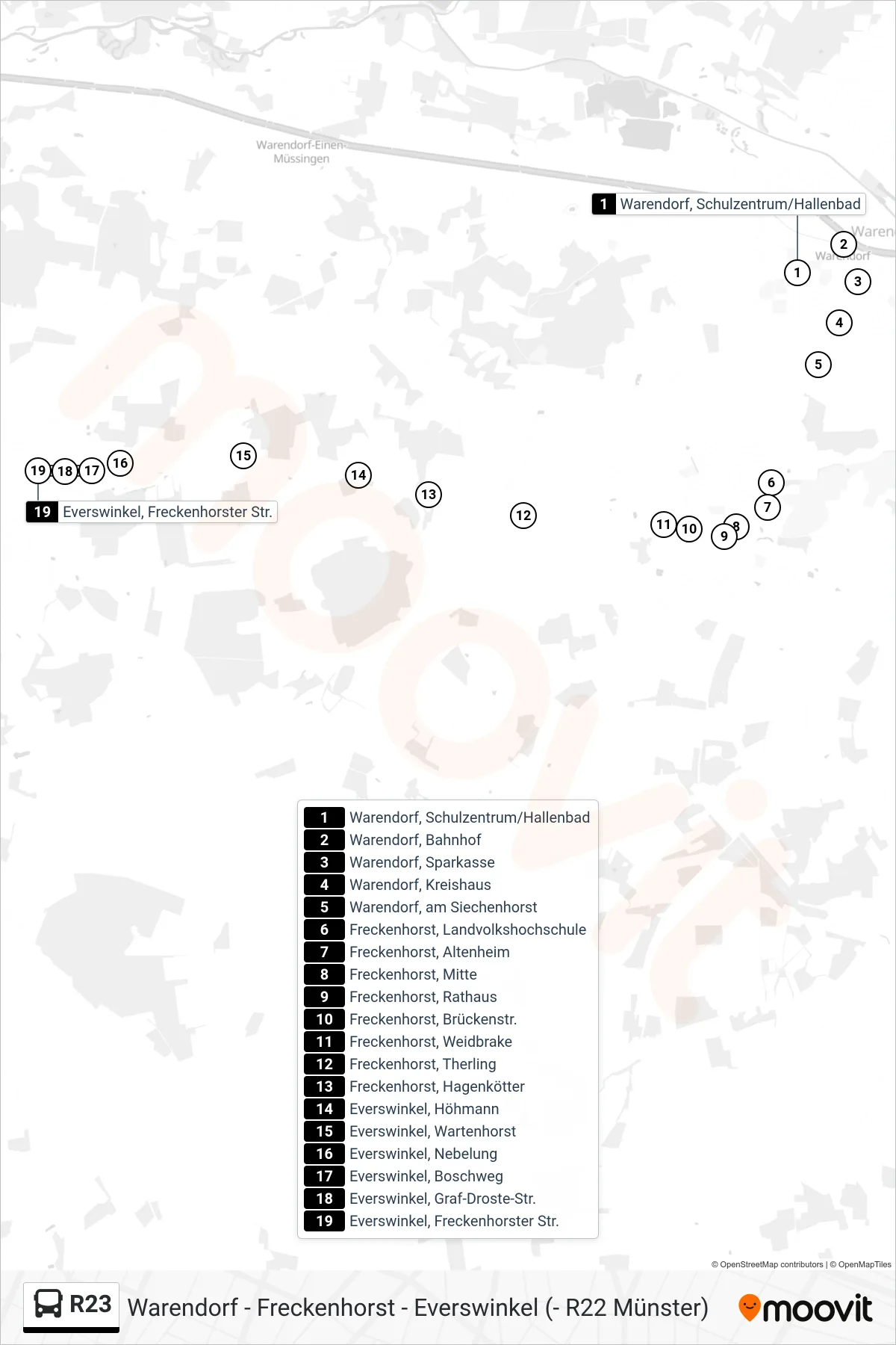 R23 bus Line (Everswinkel, Freckenhorster Str.) route and stops on a map