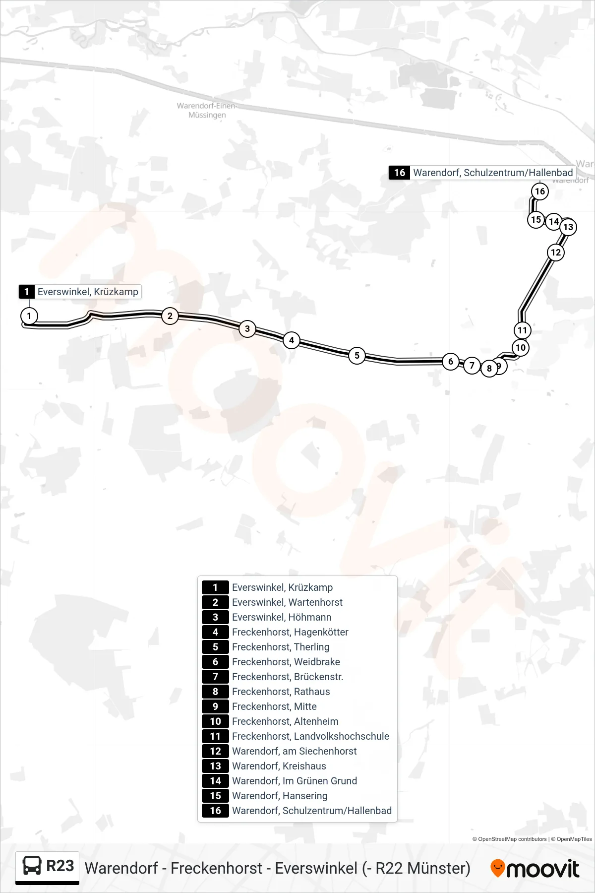 R23 bus Line (Warendorf, Schulzentrum/Hallenbad) route and stops on a map