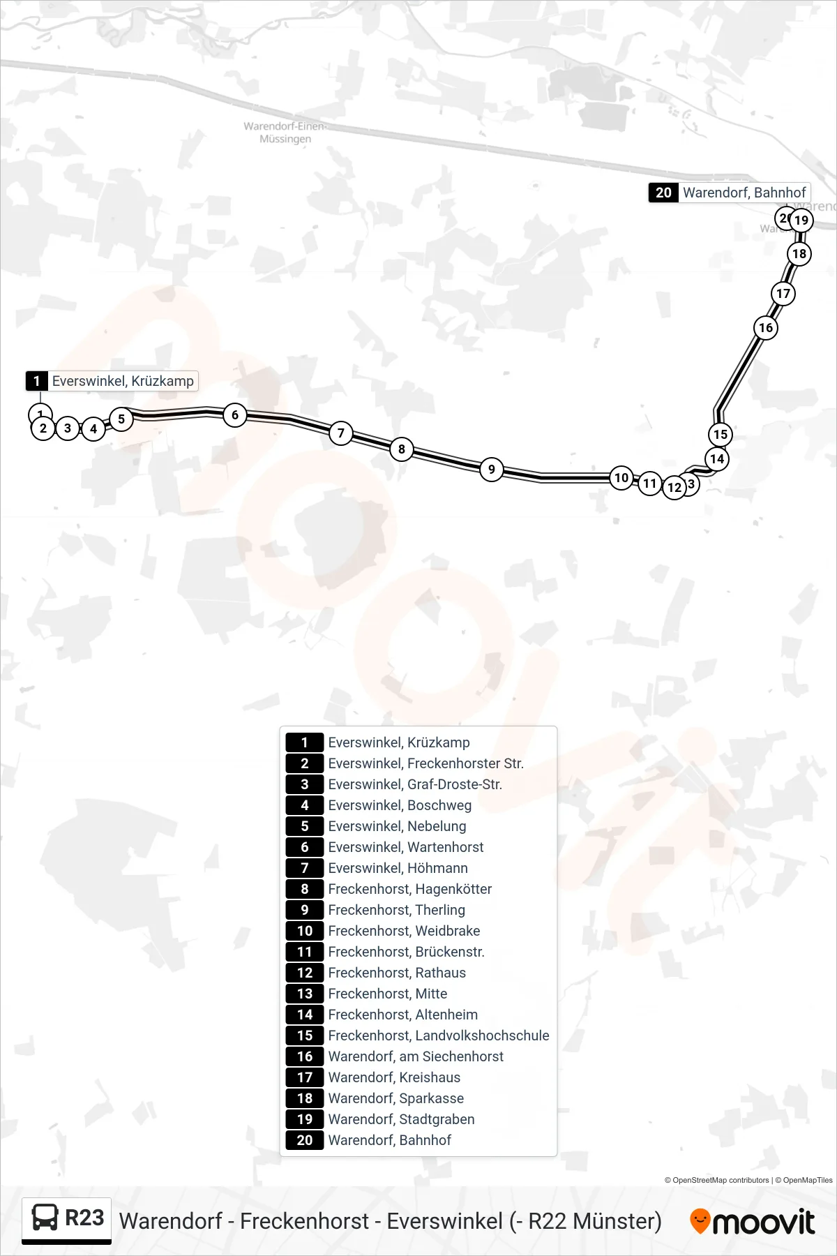 R23 bus Line (Warendorf, Bahnhof) route and stops on a map