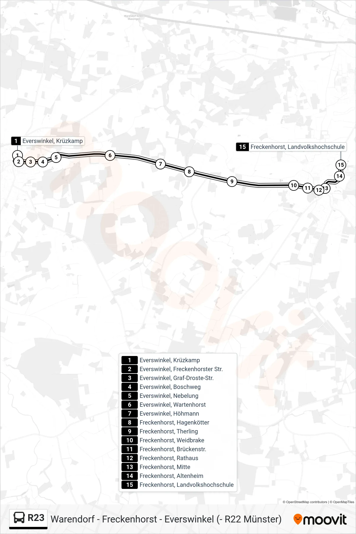 R23 bus Line (Freckenhorst, Landvolkshochschule) route and stops on a map