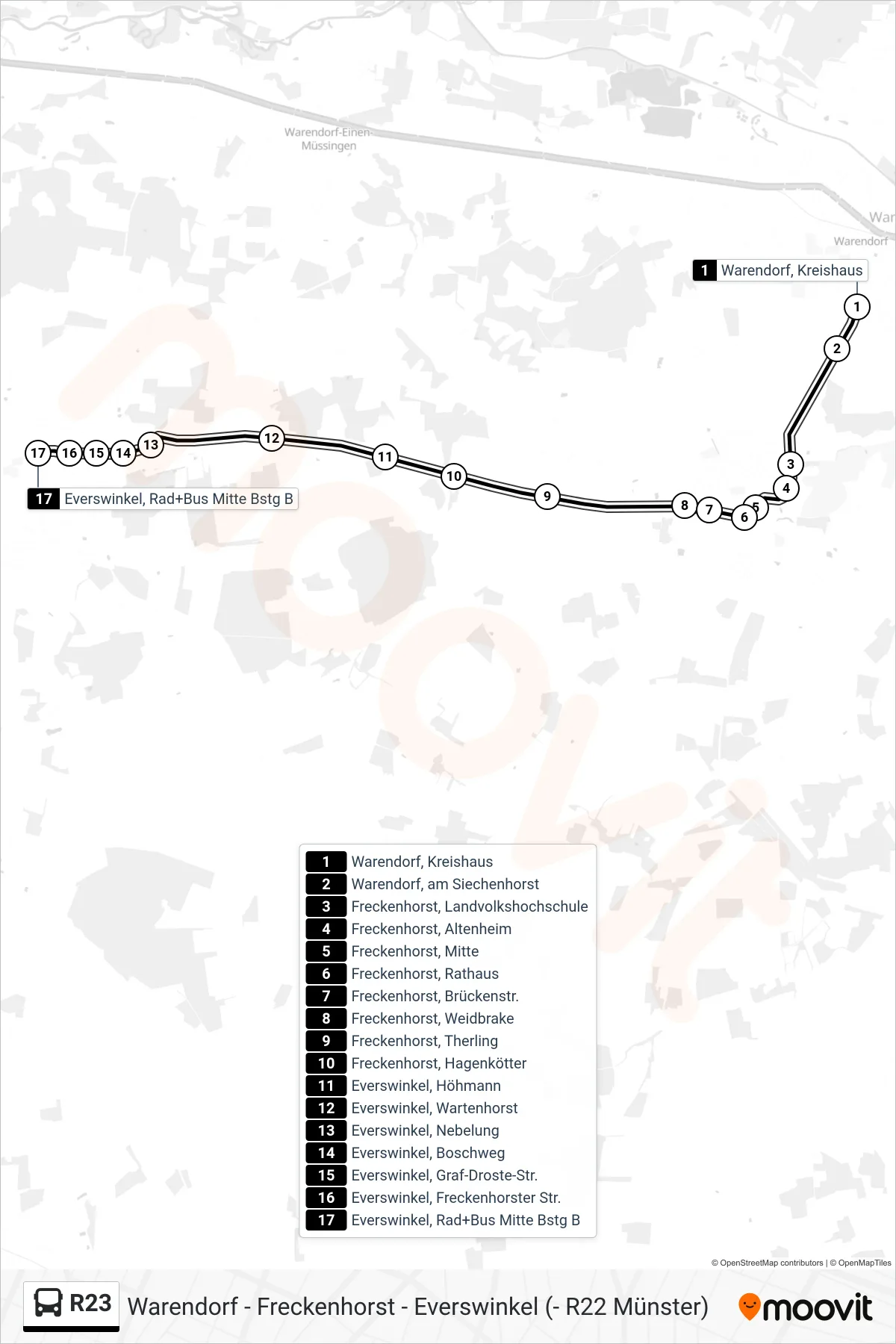 Linie R23 (Bus) Richtung Everswinkel, Rad+Bus Mitte Bstg B: Route und Haltestellen auf der Karte