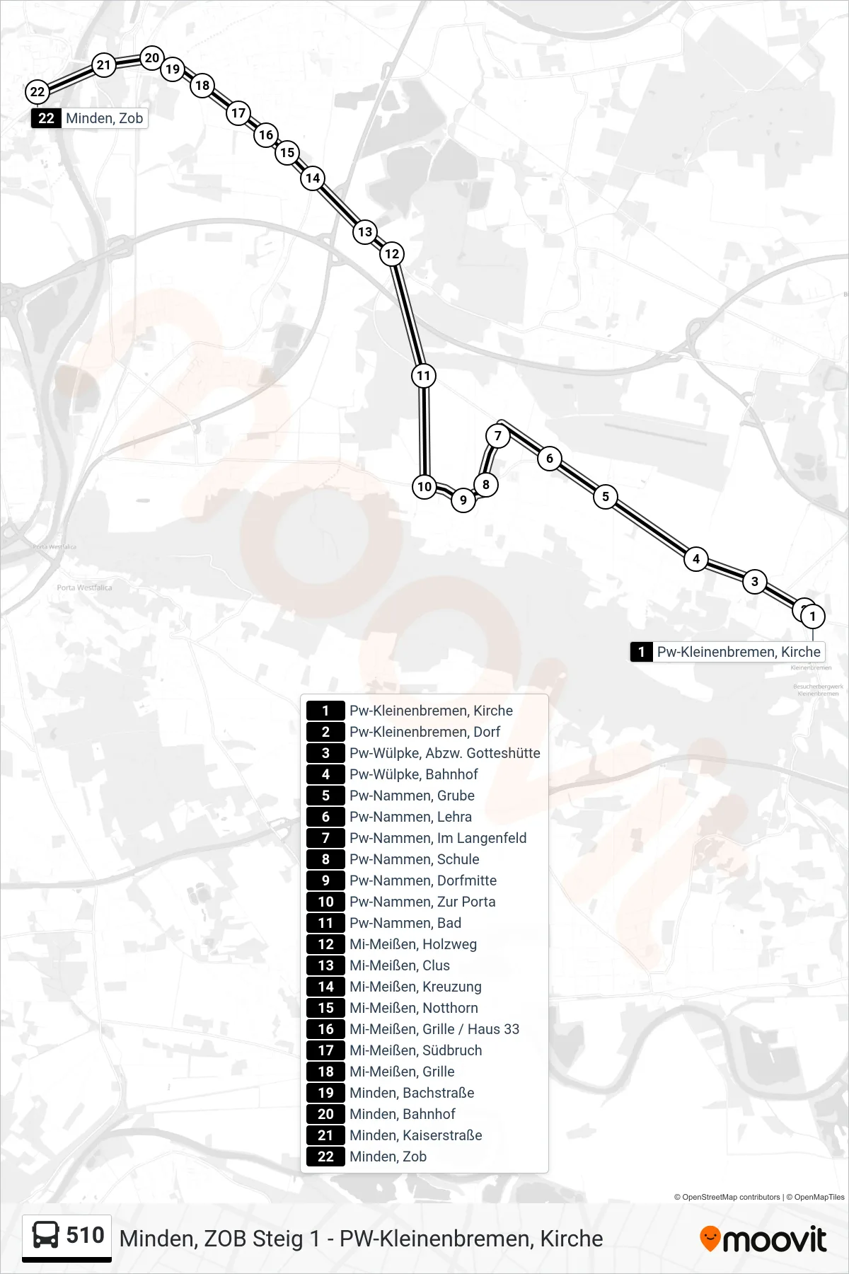 510 bus Line (Zob Minden) route and stops on a map