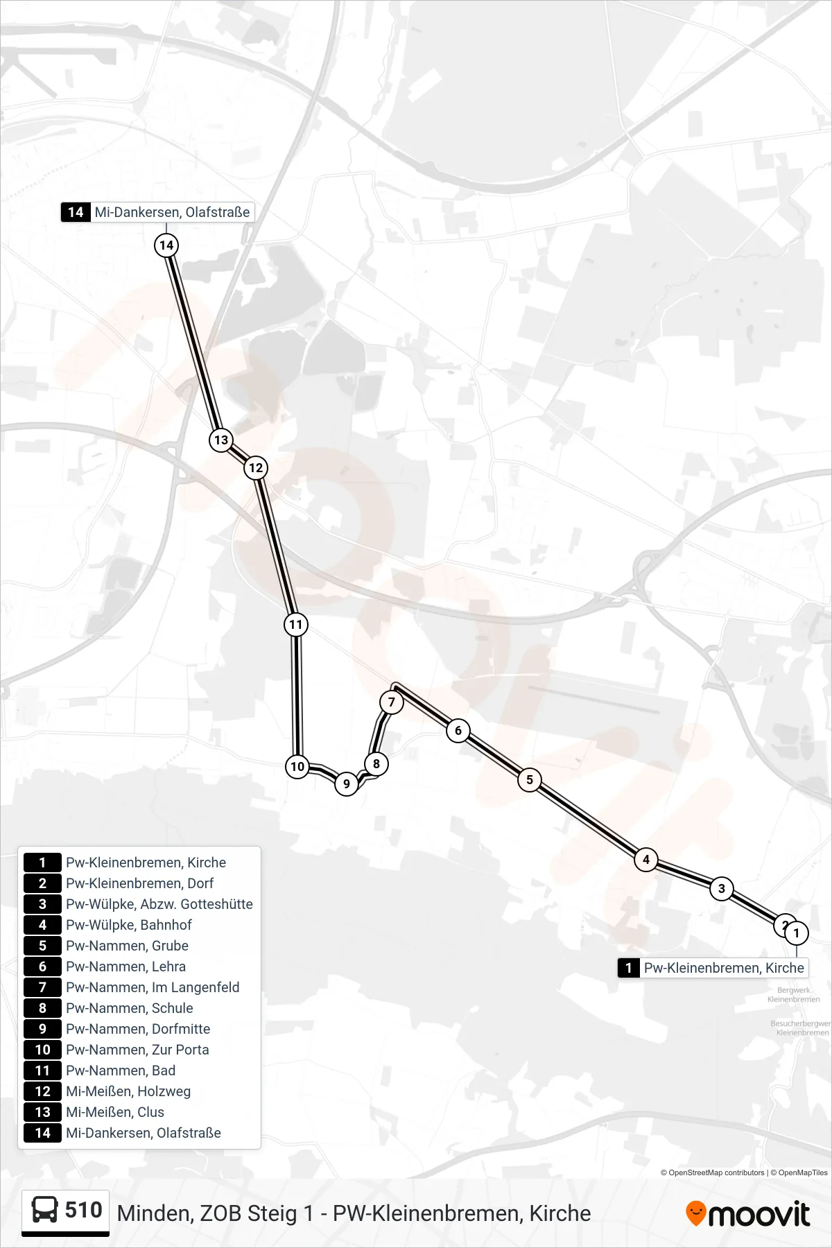 Linie 510 (Bus) Richtung Zob Minden Üb. 509 Waterloostr.: Route und Haltestellen auf der Karte