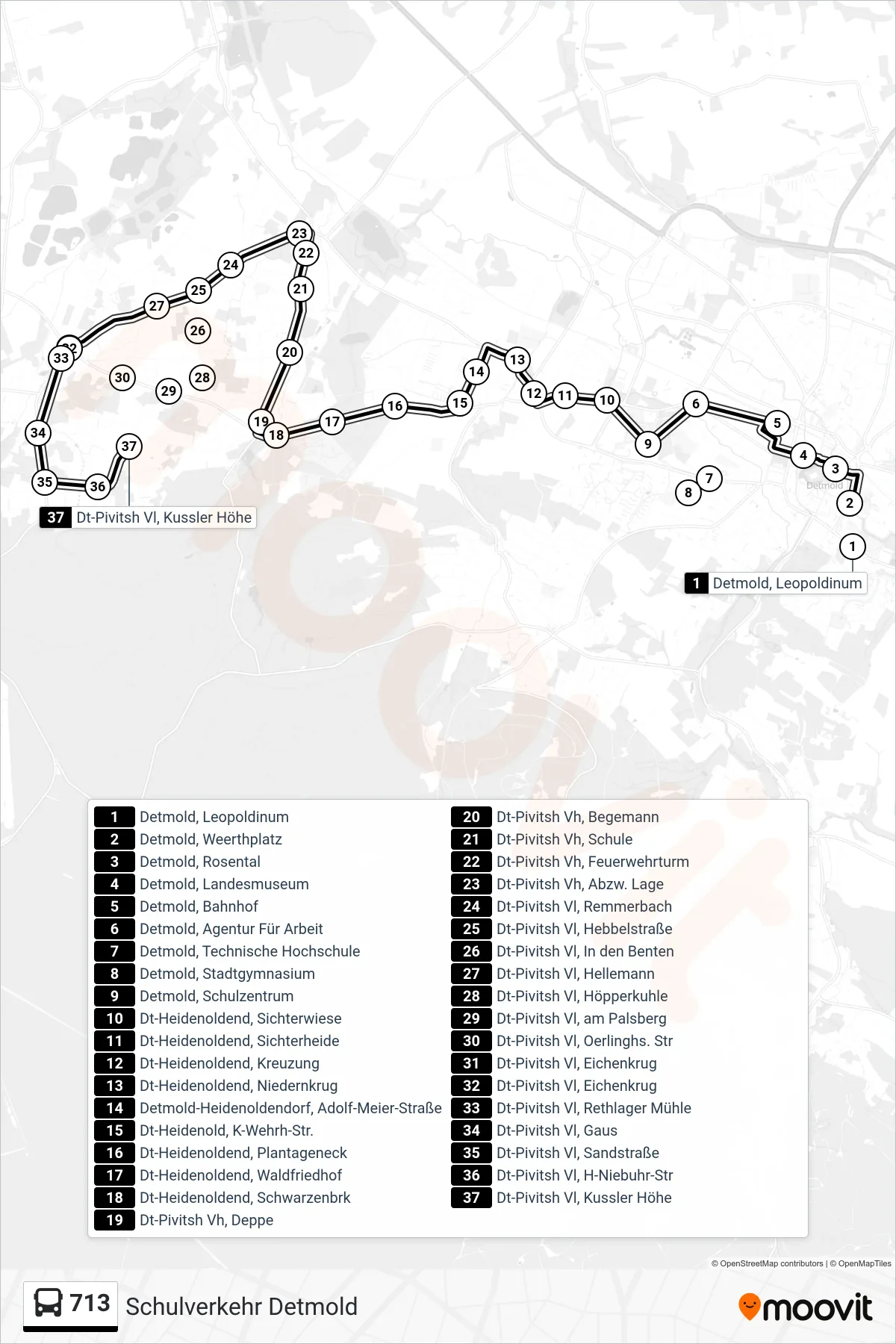 713 bus Line (Pivitsheide) route and stops on a map