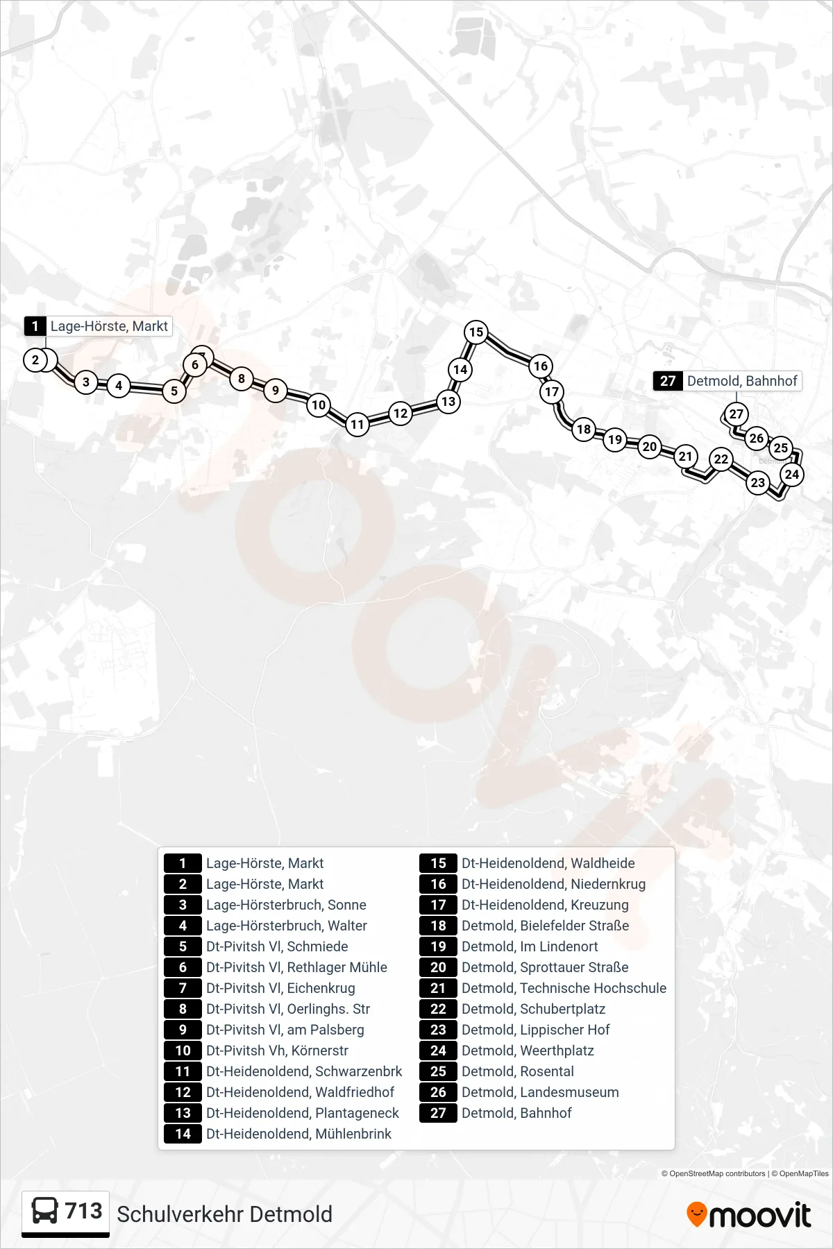713 bus Line (Detmold, Bahnhof Steig 10) route and stops on a map