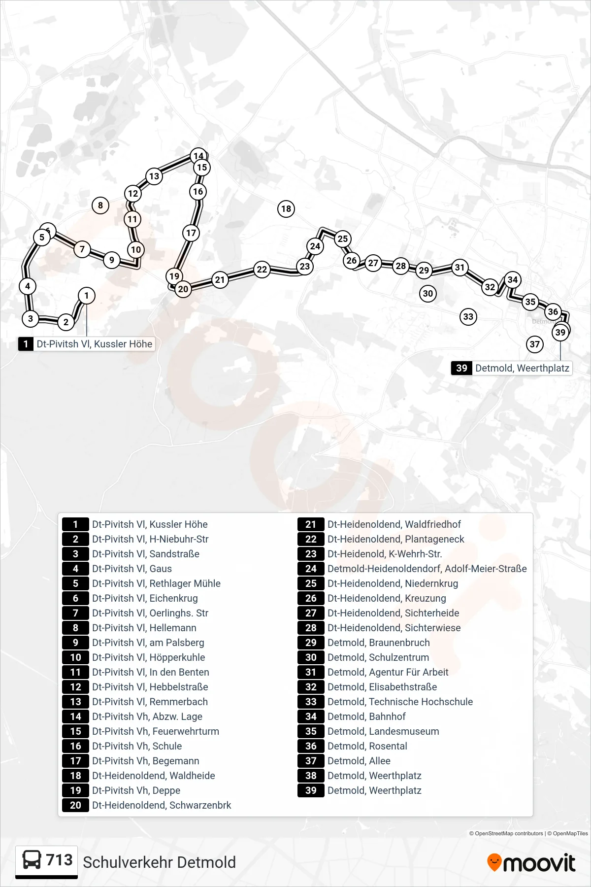 713 bus Line (Detmold, Weerthplatz) route and stops on a map