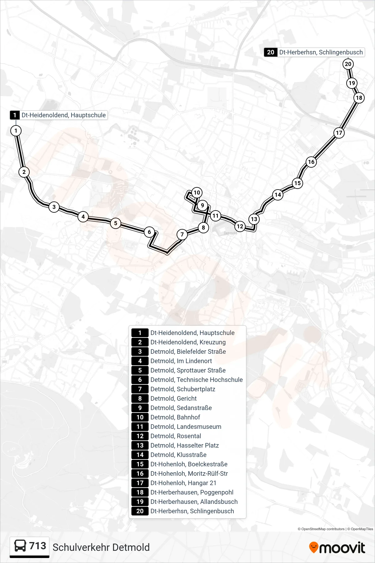 713 bus Line (Dt-Herberhsn, Schlingenbusch) route and stops on a map