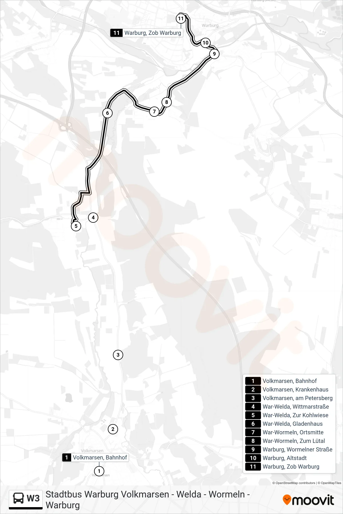 Linie W3 (Bus) Richtung Warburg, Zob Warburg: Route und Haltestellen auf der Karte