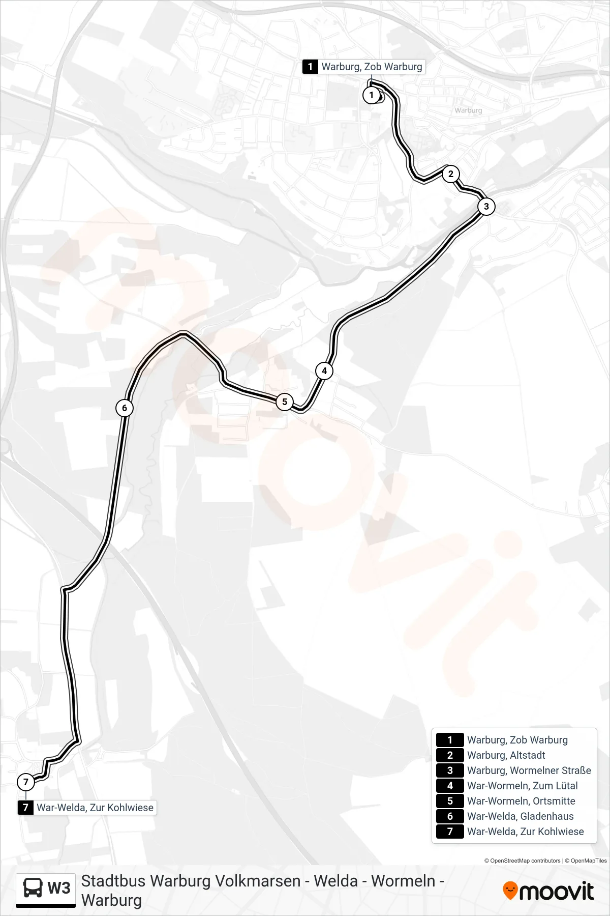 W3 bus Line (War-Welda, Zur Kohlwiese) route and stops on a map