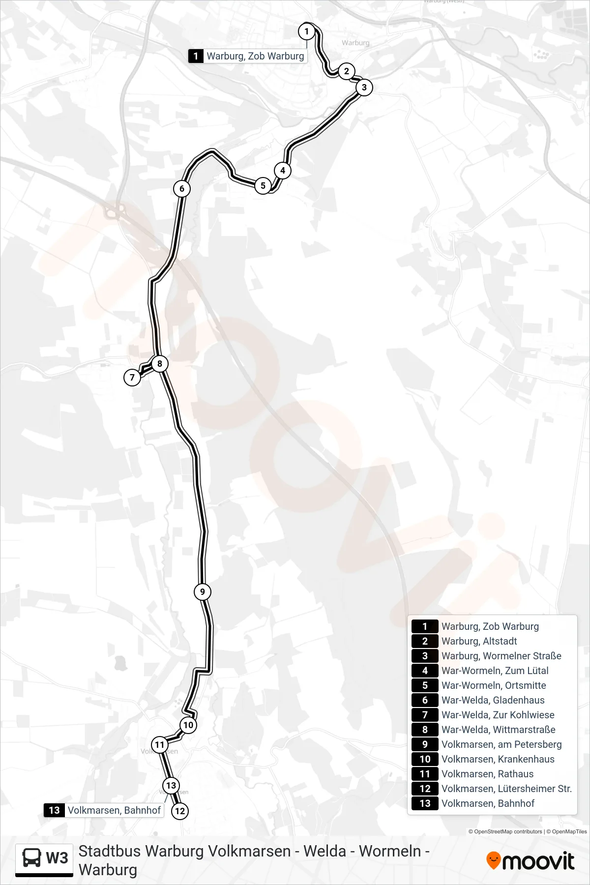 W3 bus Line (Volkmarsen, Bahnhof) route and stops on a map