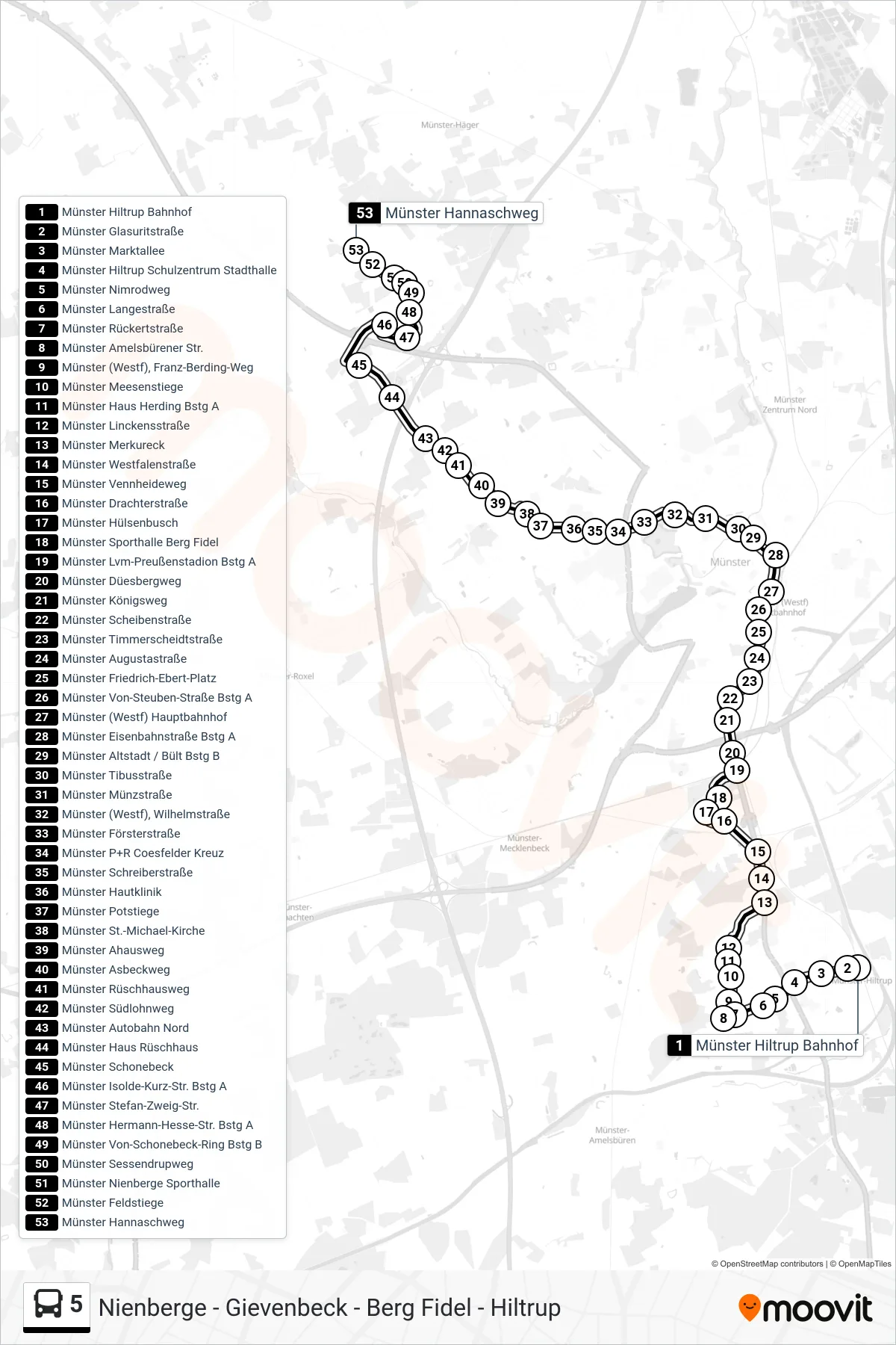 5 bus Line (Münster Hannaschweg) route and stops on a map