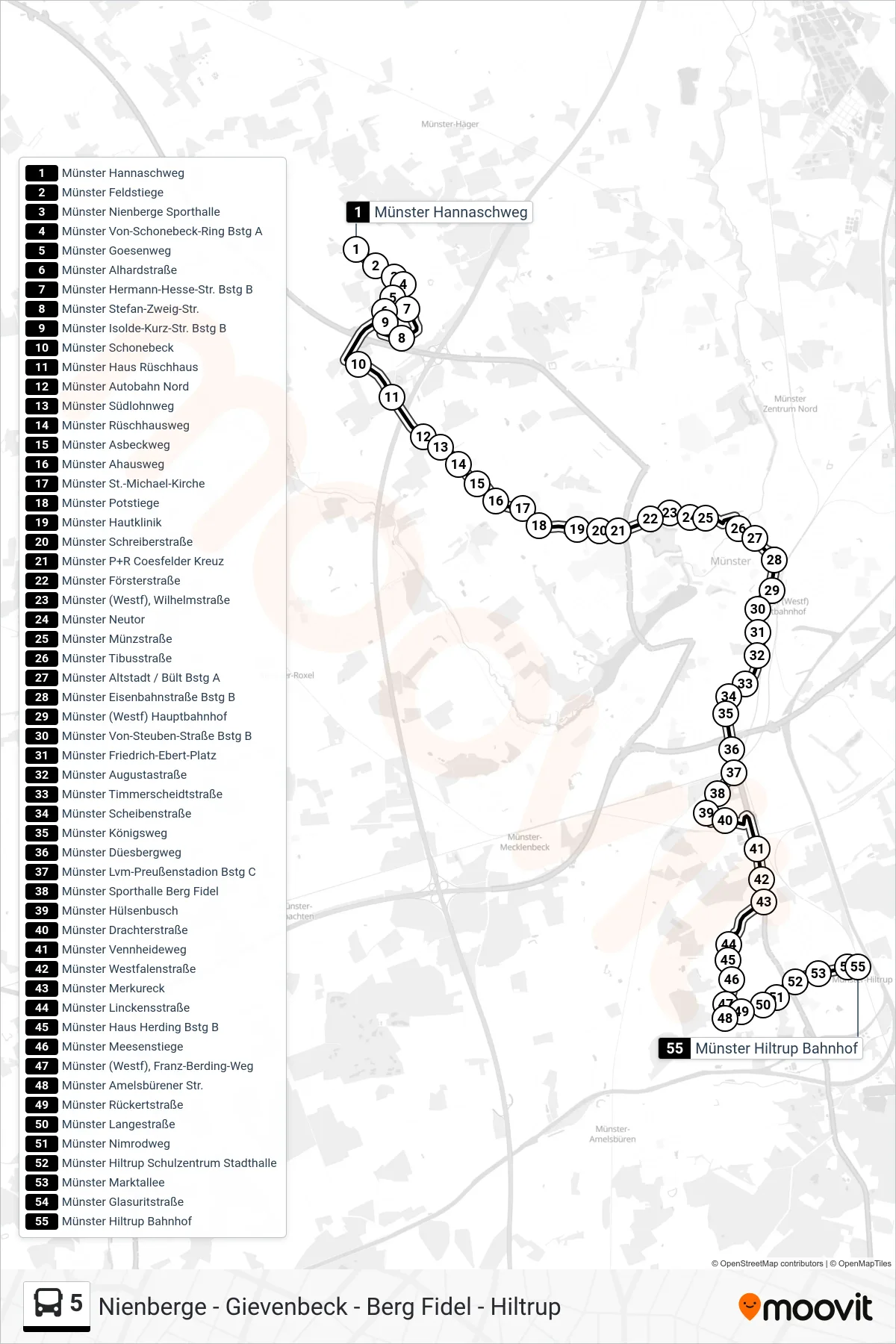 Linie 5 (Bus) Richtung Hiltrup Bahnhof: Route und Haltestellen auf der Karte