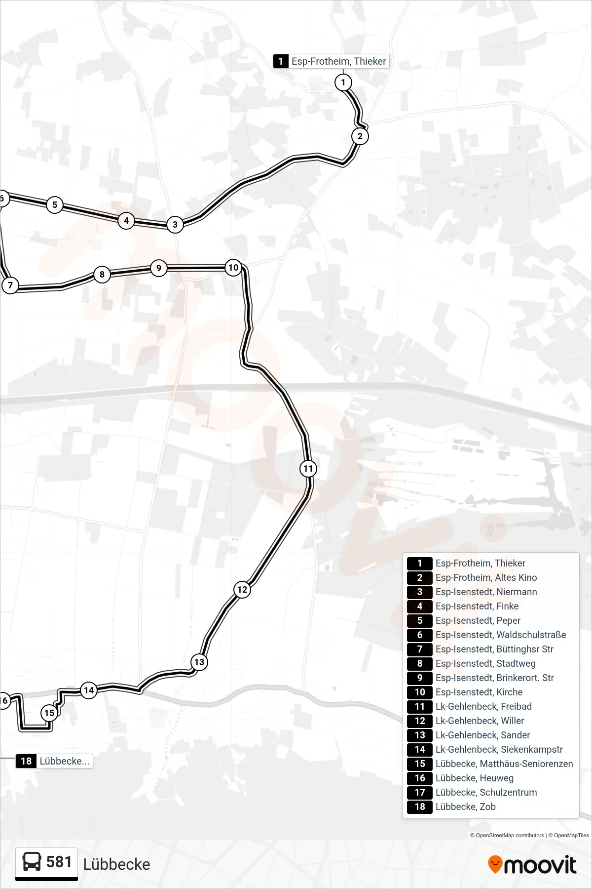 581 bus Line (Lübbecke) route and stops on a map