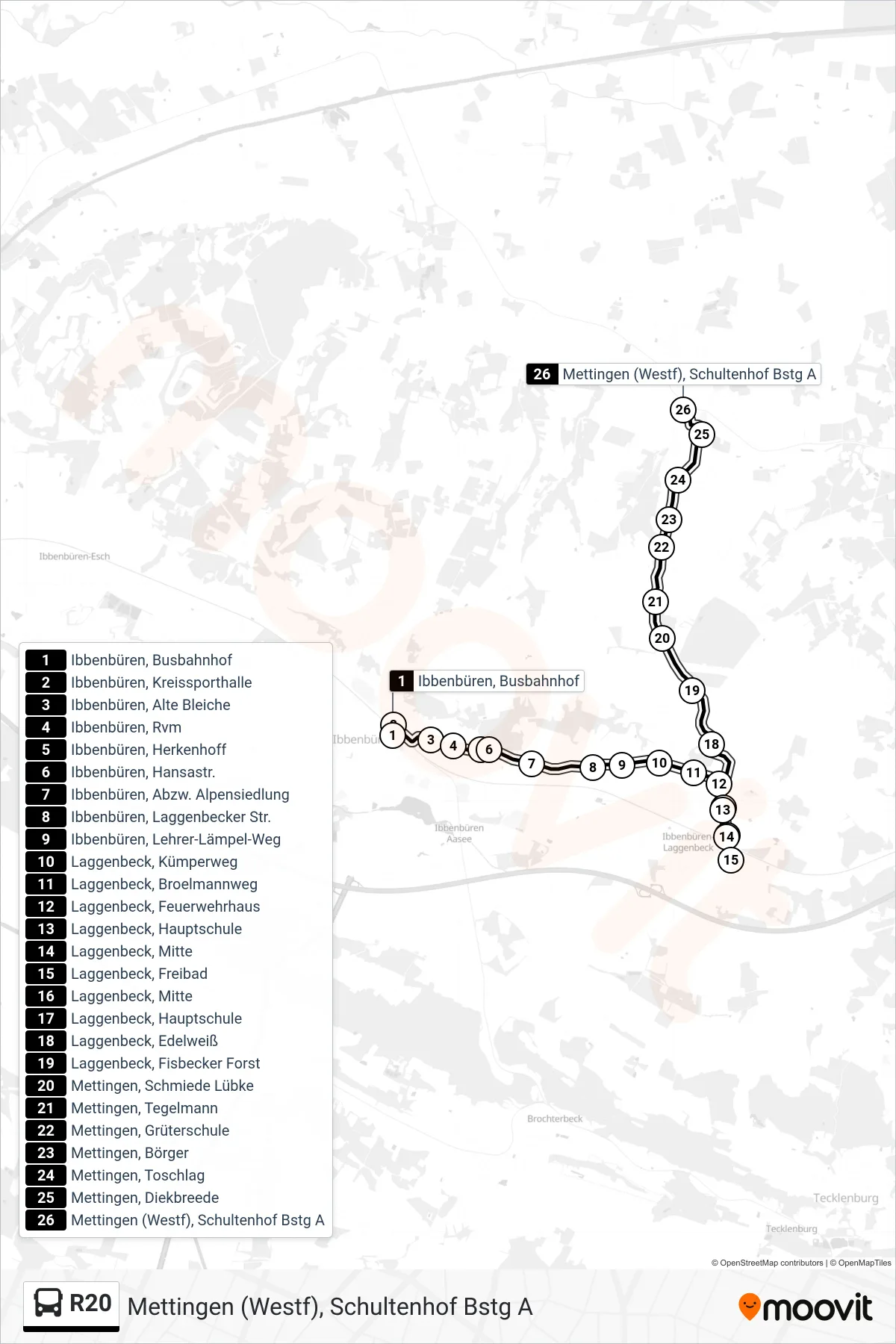 Linie R20 (Bus) Richtung Mettingen (Westf), Schultenhof Bstg A: Route und Haltestellen auf der Karte