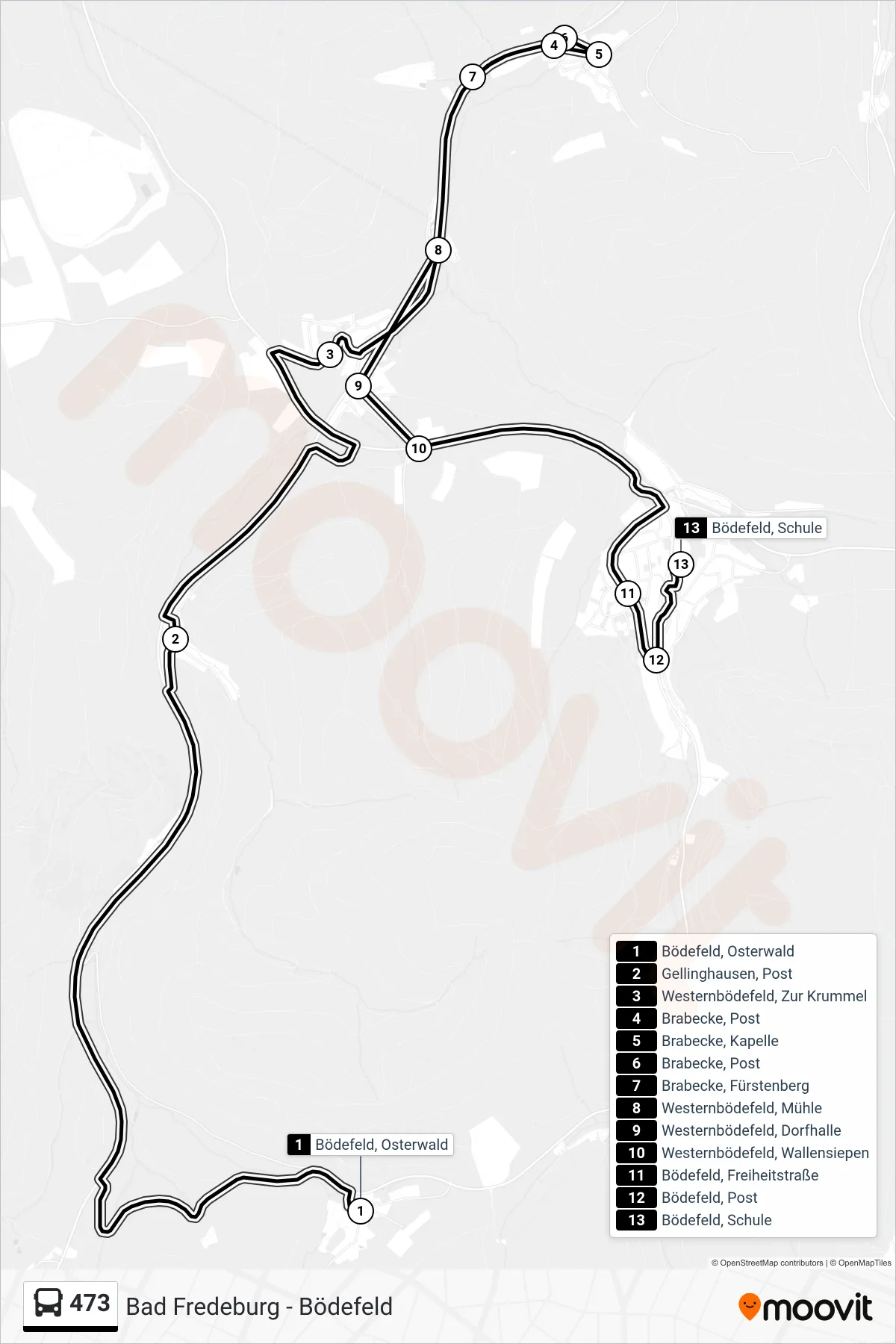 473 bus Line (Bödefeld, Schule) route and stops on a map