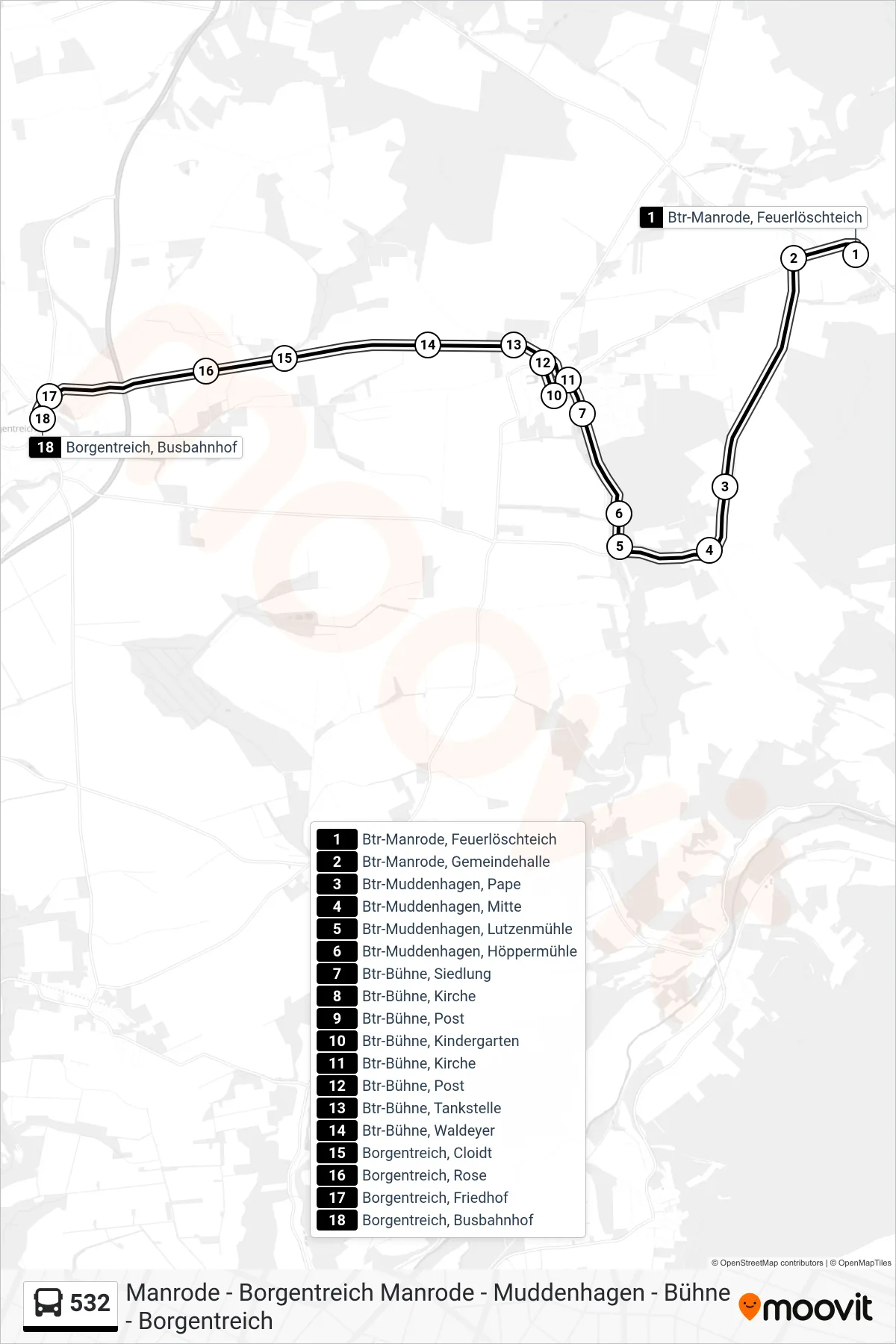 532 bus Line (Borgentreich, Busbahnhof) route and stops on a map