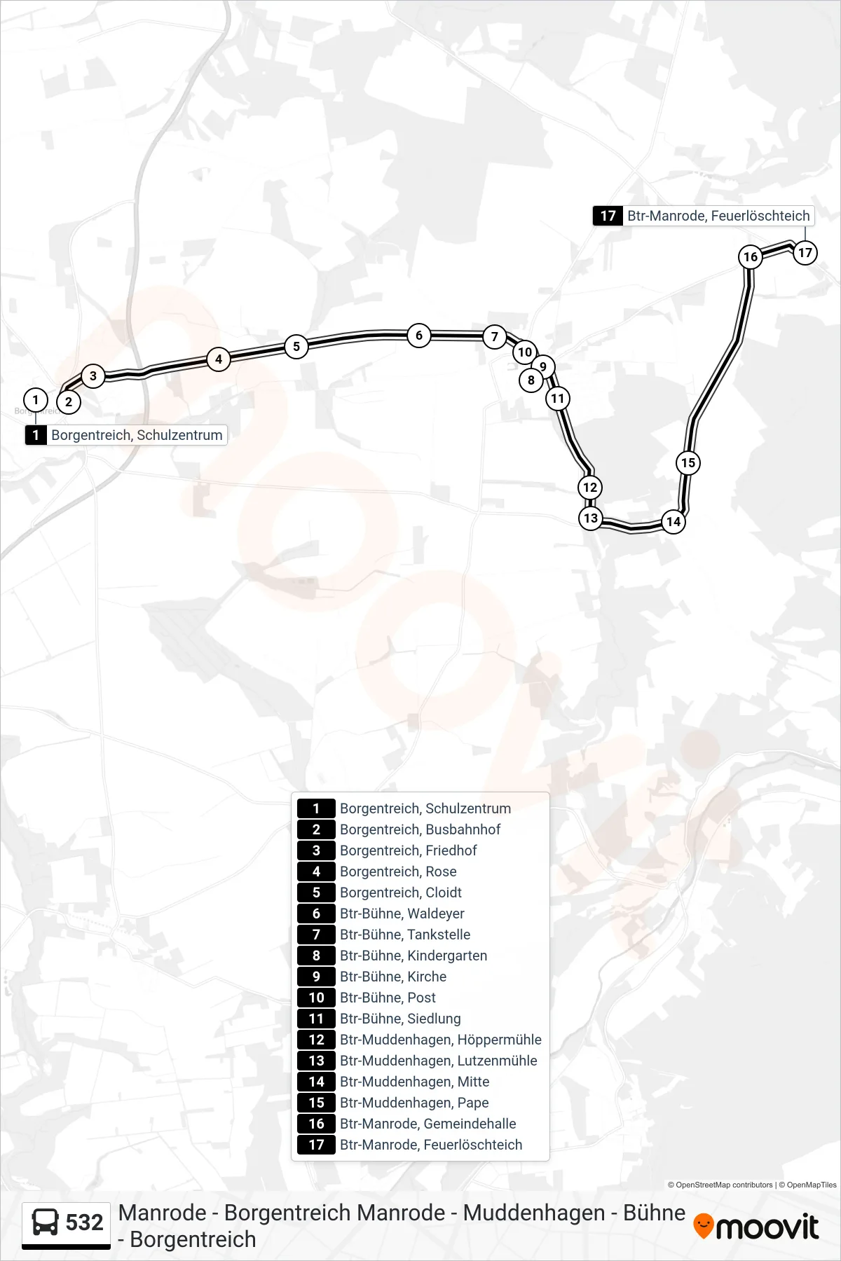 532 bus Line (Btr-Manrode, Feuerlöschteich) route and stops on a map