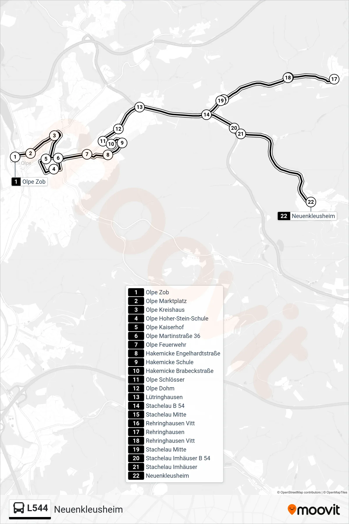 L544 bus Line (Neuenkleusheim) route and stops on a map