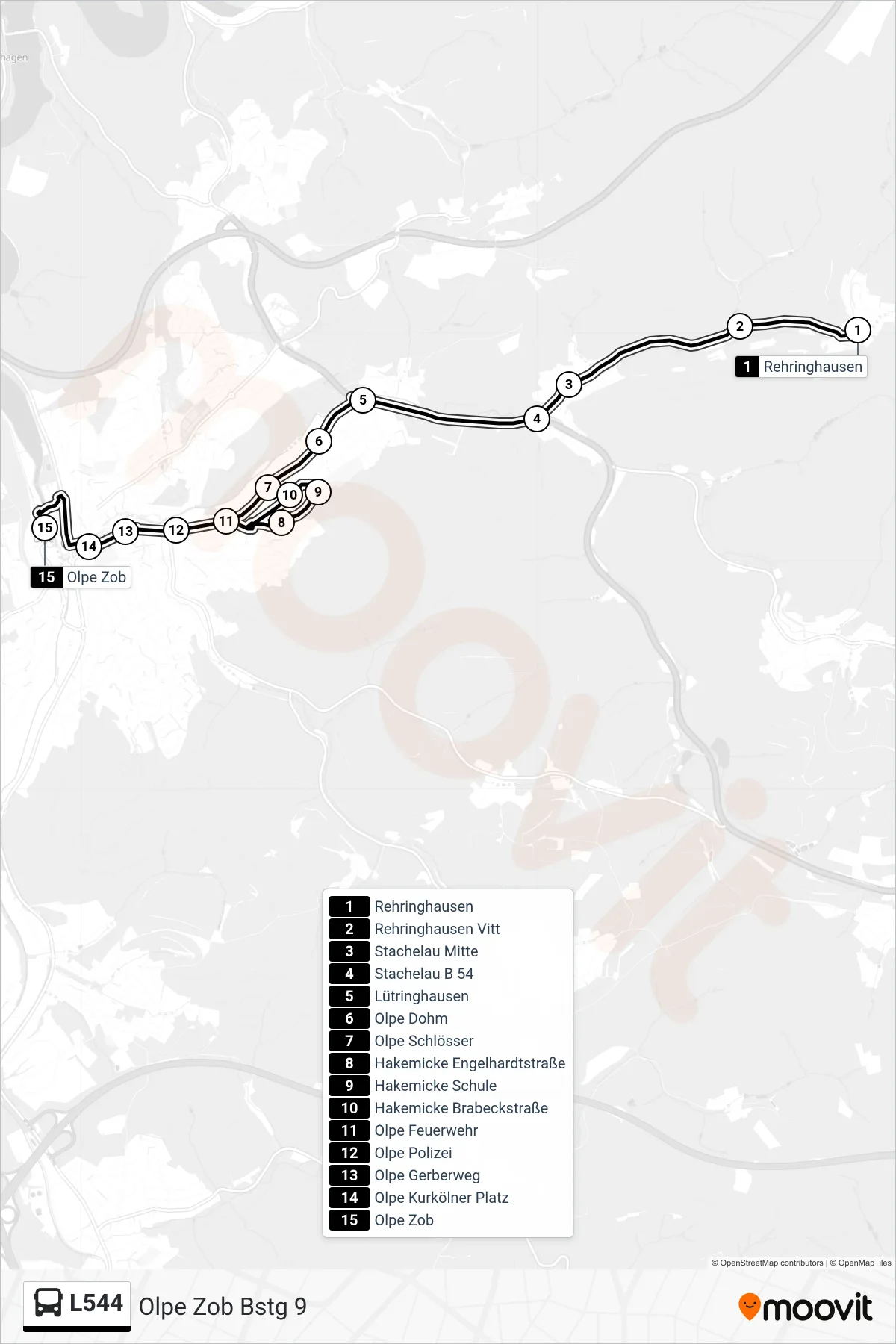 L544 bus Line (Olpe Zob Bstg 9) route and stops on a map