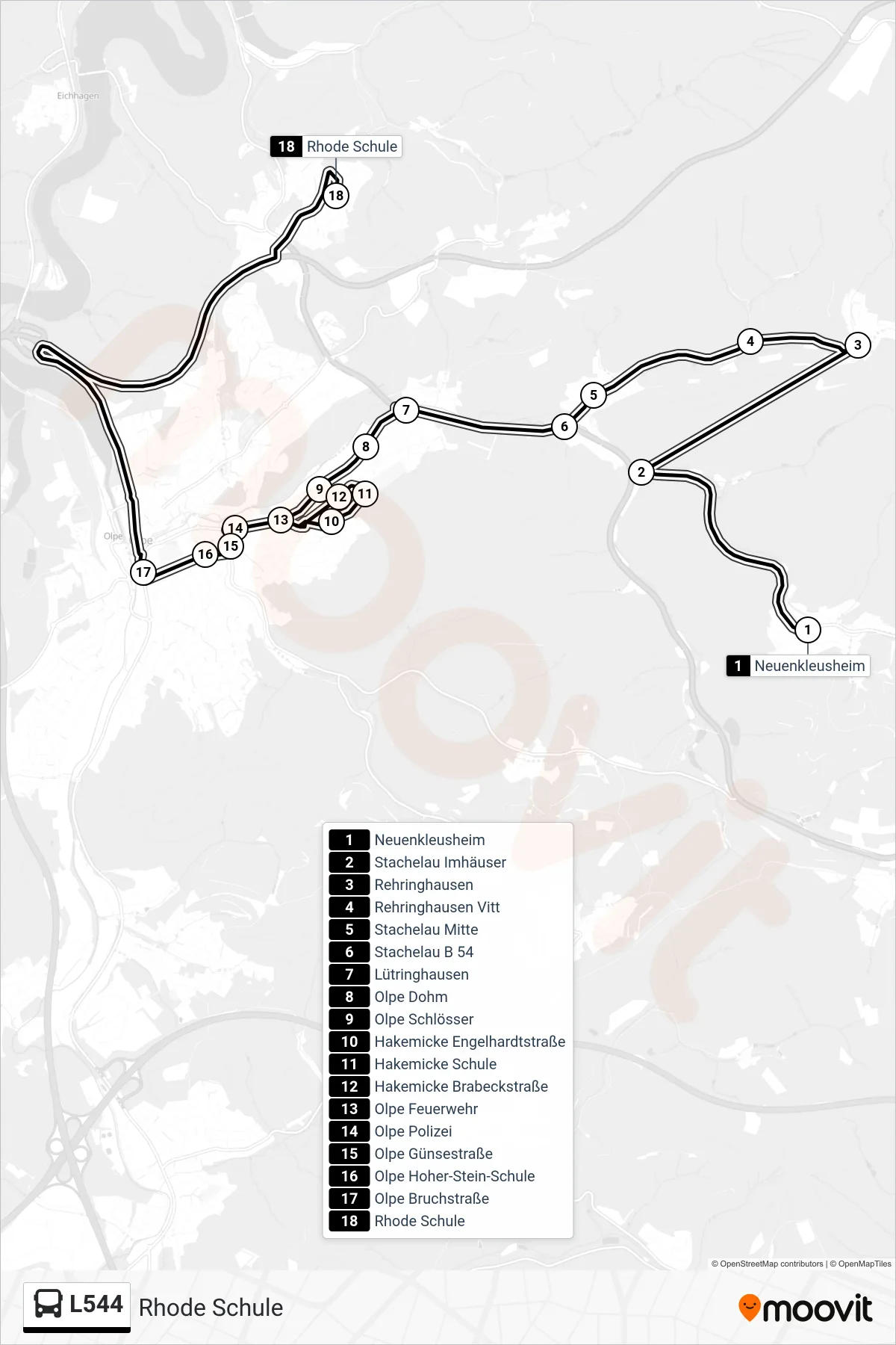 L544 bus Line (Rhode Schule) route and stops on a map