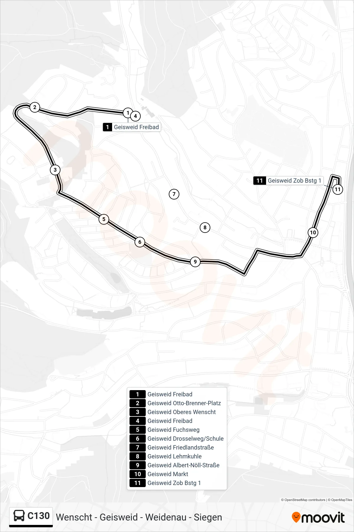 C130 bus Line (Geisweid Zob Bstg 1) route and stops on a map