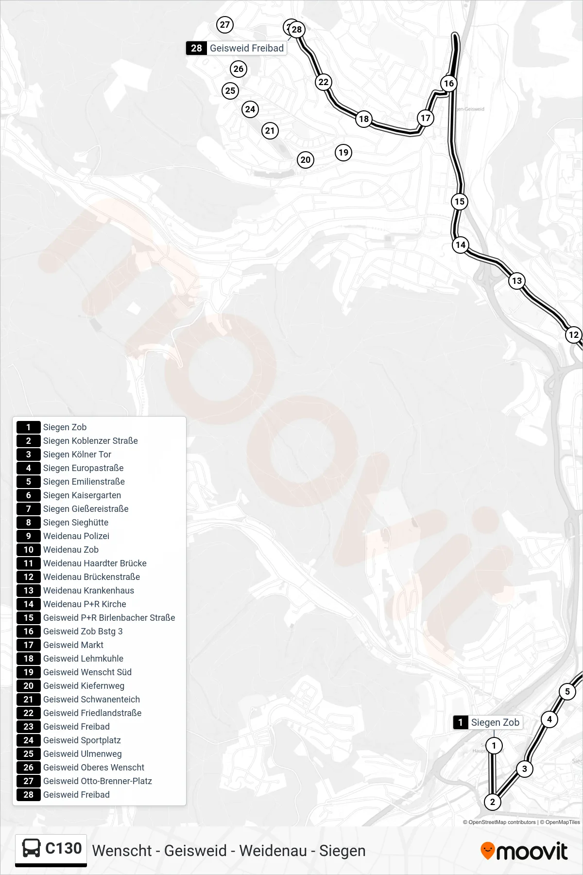 C130 bus Line (Geisweid Freibad) route and stops on a map