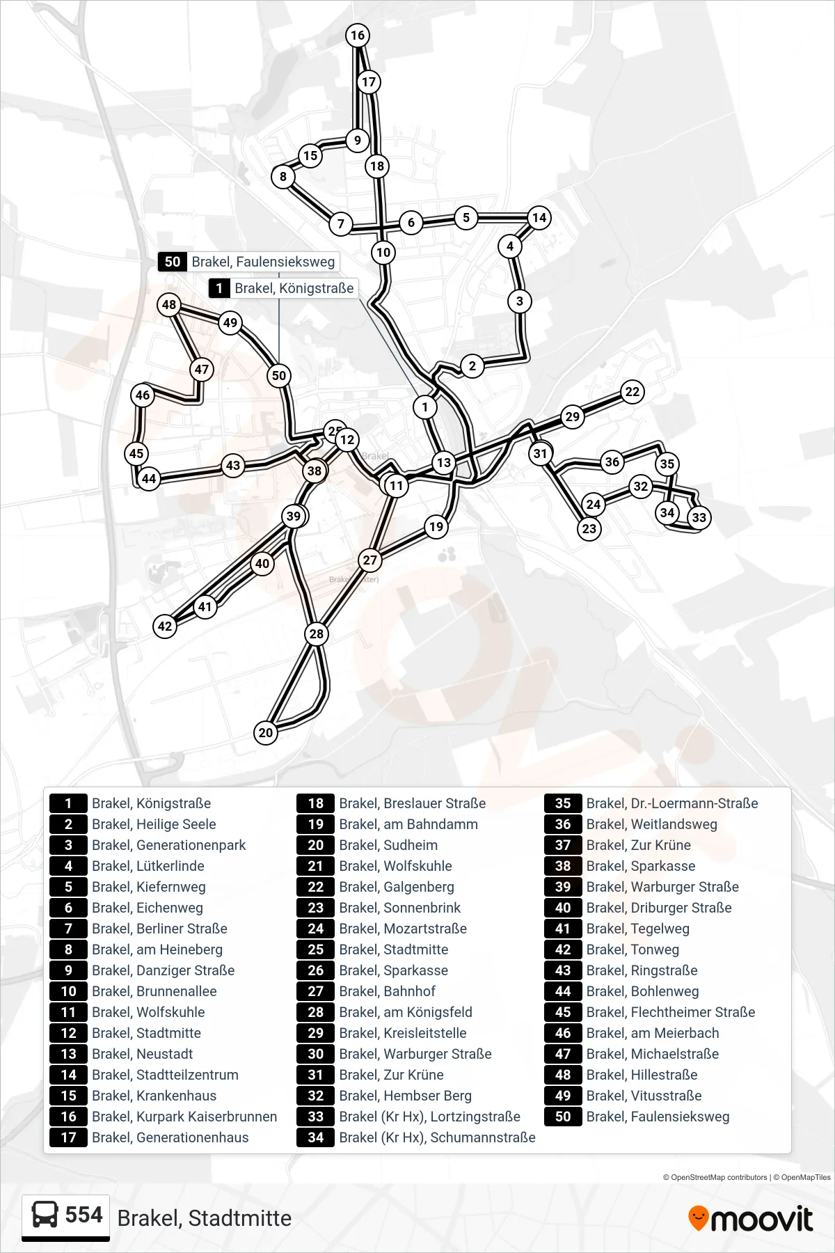 Linie 554 (Bus) Richtung Brakel, Stadtmitte: Route und Haltestellen auf der Karte