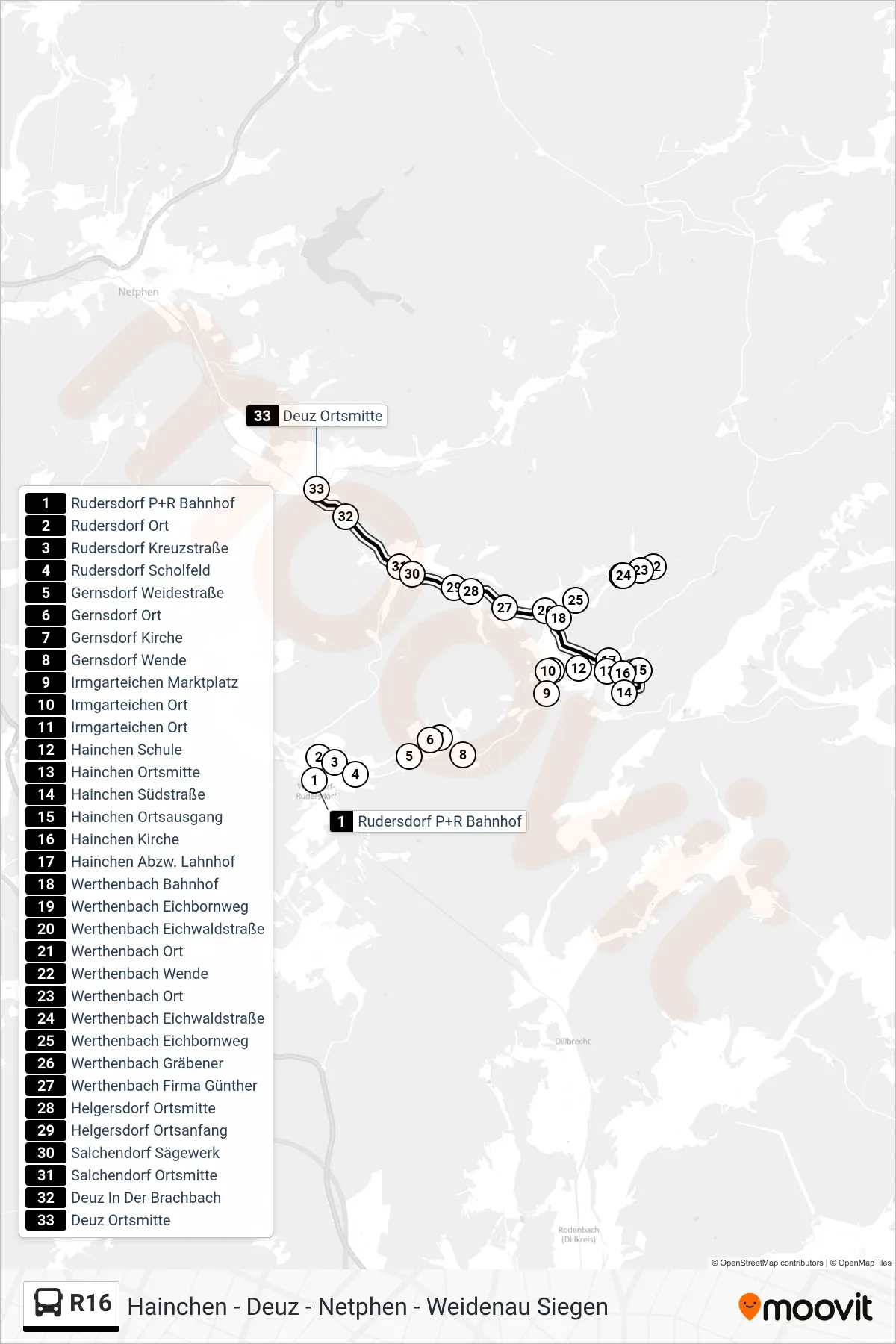 R16 bus Line (Deuz Ortsmitte) route and stops on a map