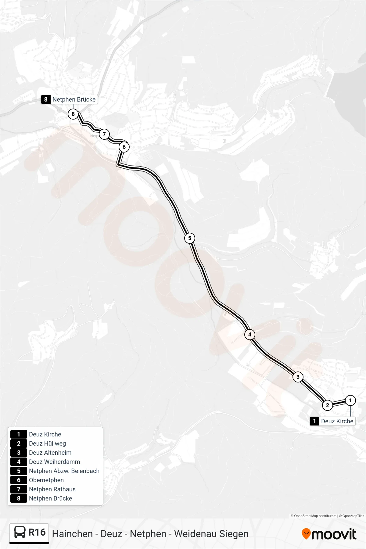 R16 bus Line (Netphen Brücke) route and stops on a map