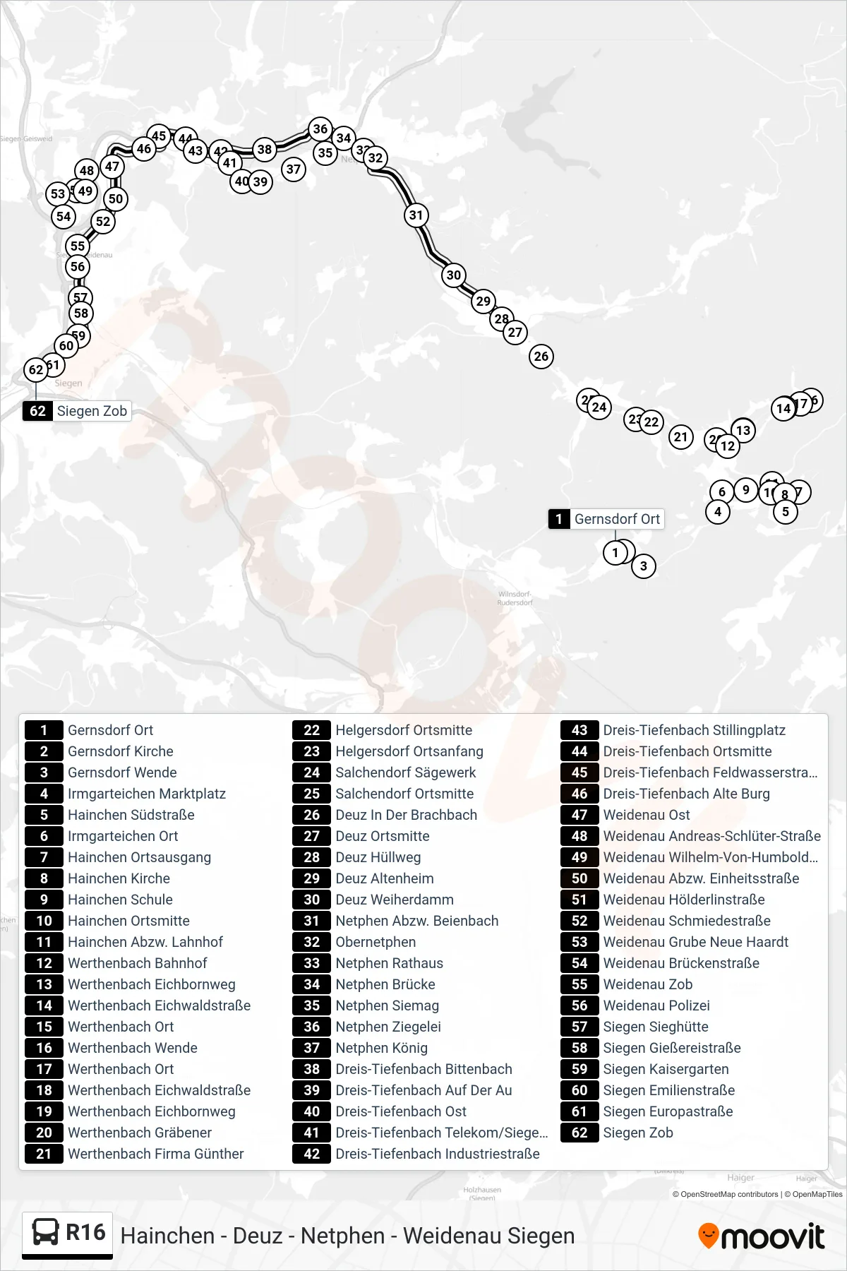 R16 bus Line (Siegen Zob Bstg A) route and stops on a map