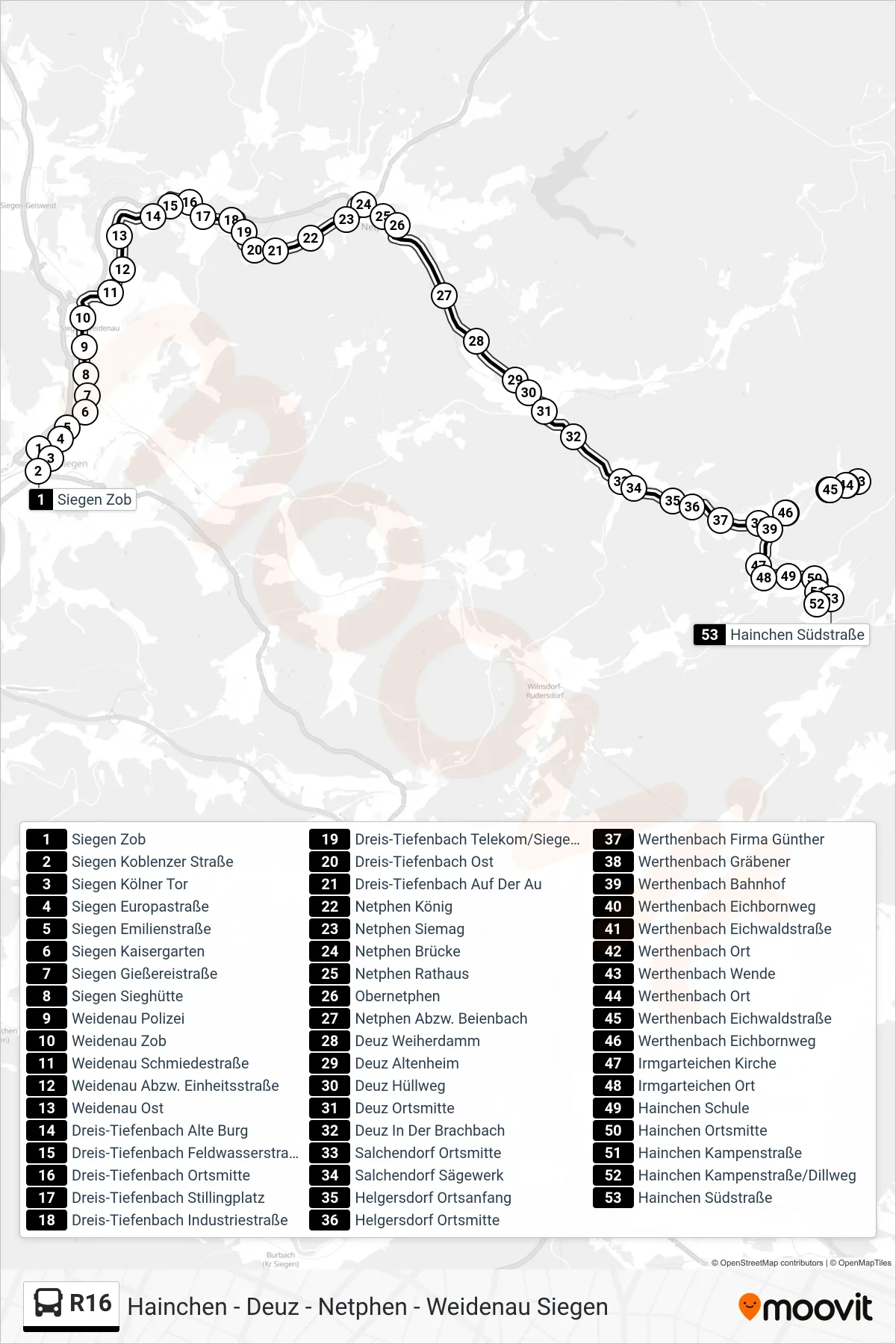 R16 bus Line (Hainchen Südstraße) route and stops on a map