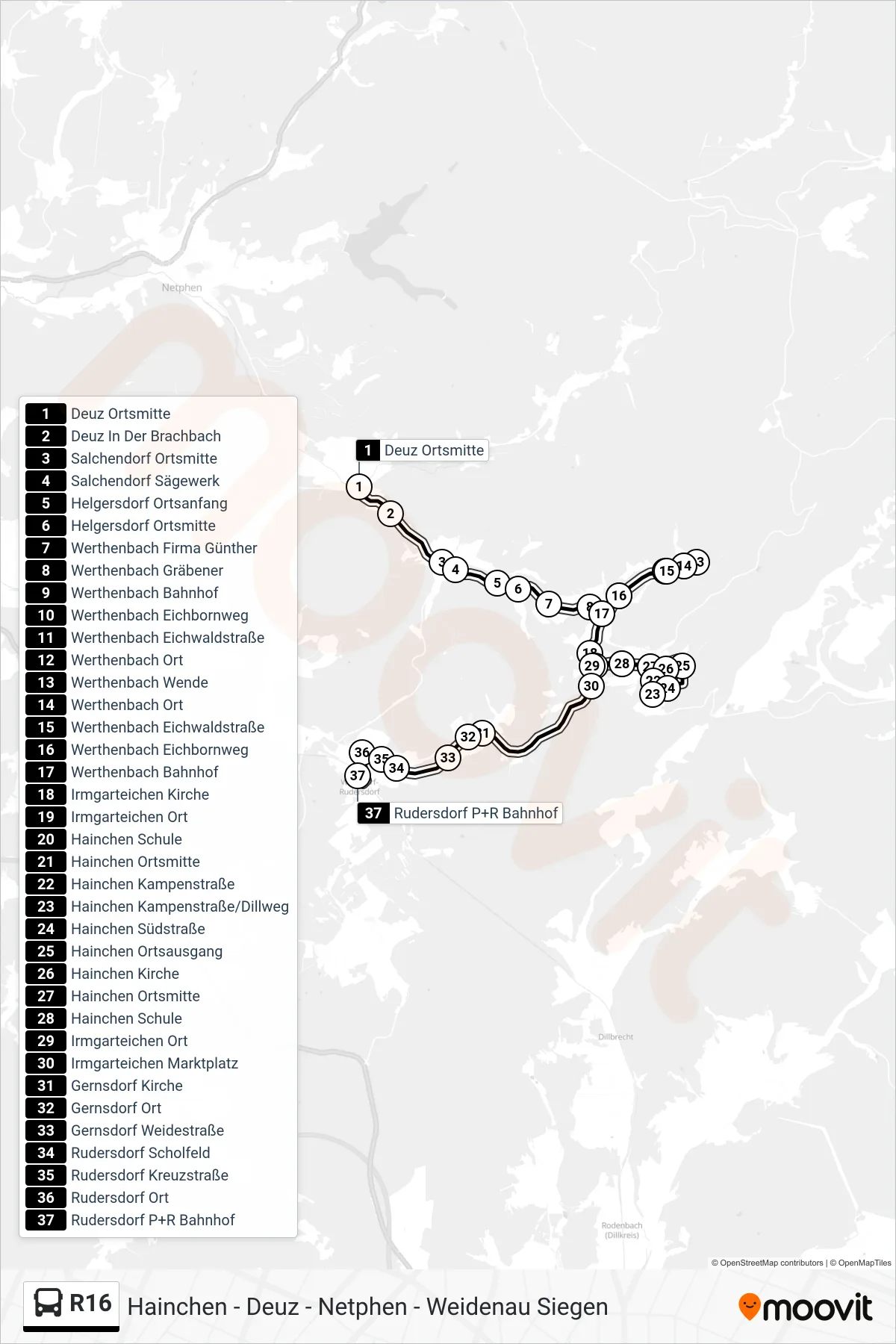 R16 bus Line (Rudersdorf P+R Bahnhof) route and stops on a map