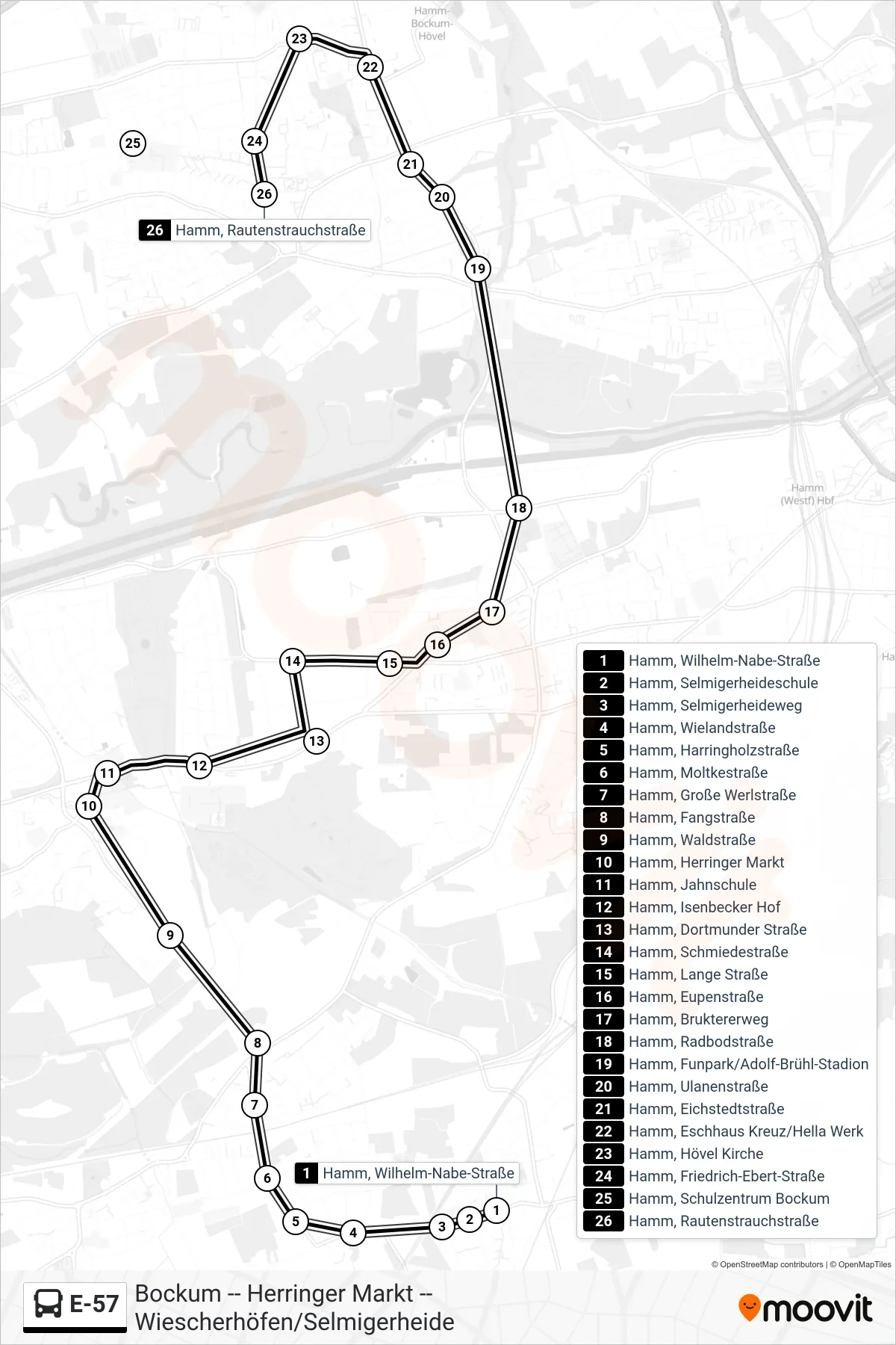 Linie E-57 (Bus) Richtung Hamm, Rautenstrauchstraße: Route und Haltestellen auf der Karte