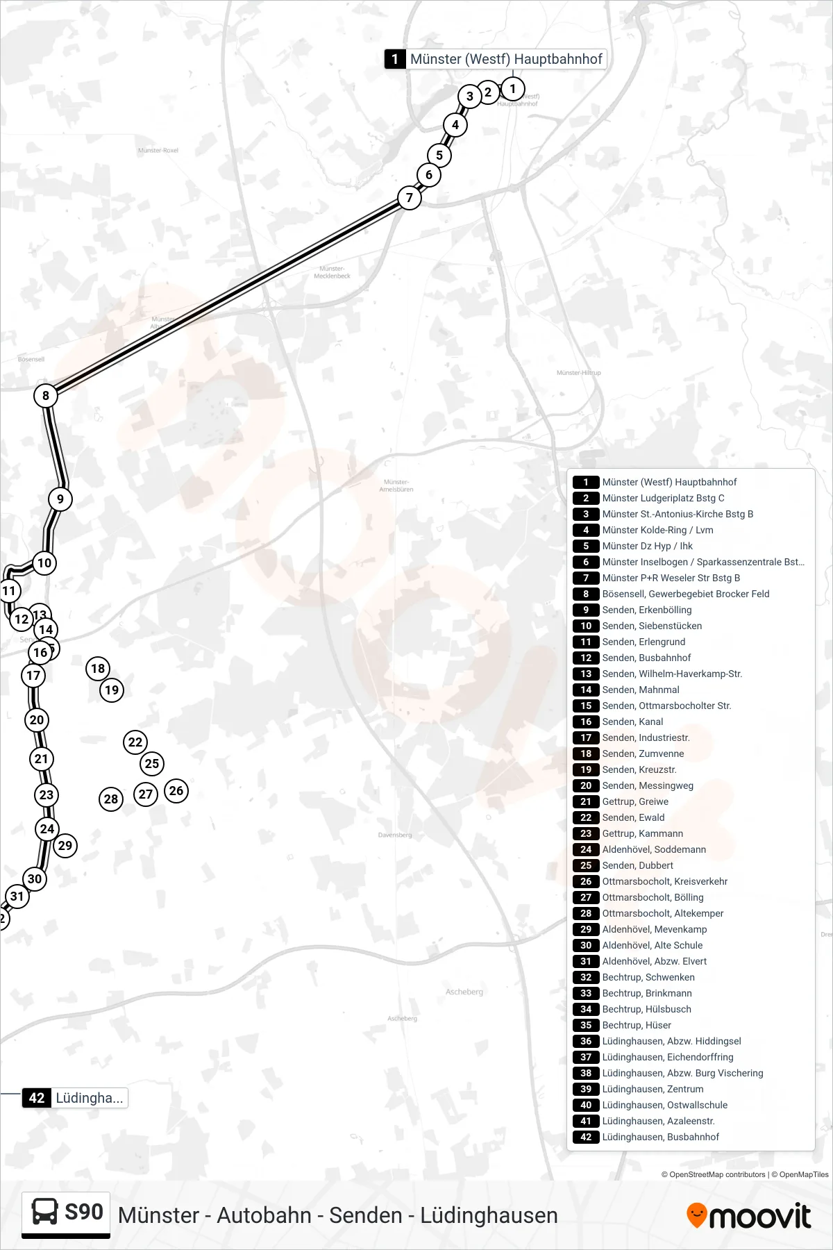 S90 bus Line (Lüdinghausen, Busbahnhof A) route and stops on a map
