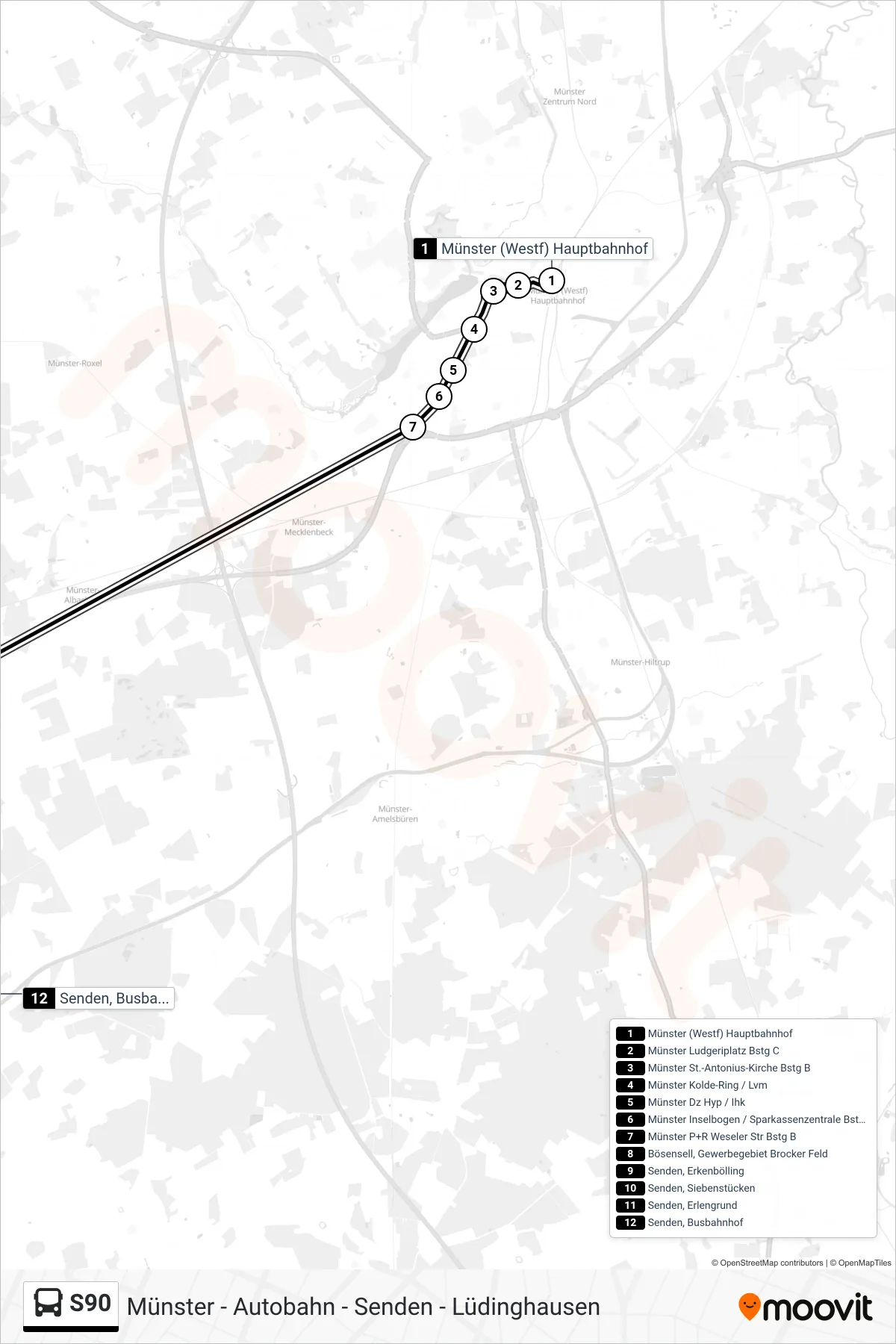Linie S90 (Bus) Richtung Senden, Busbahnhof Bstg B: Route und Haltestellen auf der Karte