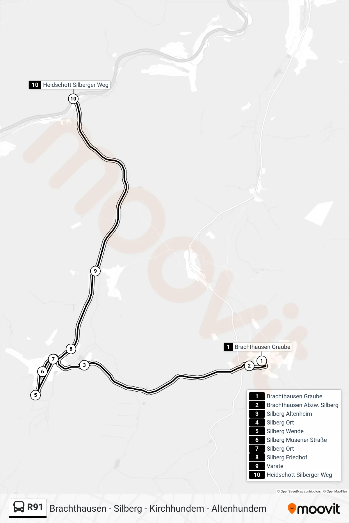 R91 bus Line (Heidschott Silberger Weg) route and stops on a map