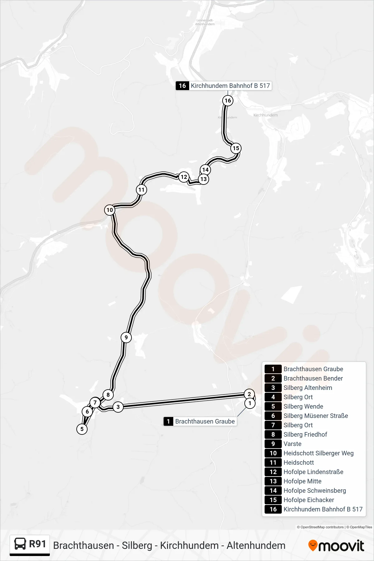 R91 bus Line (Kirchhundem Bahnhof B 517) route and stops on a map