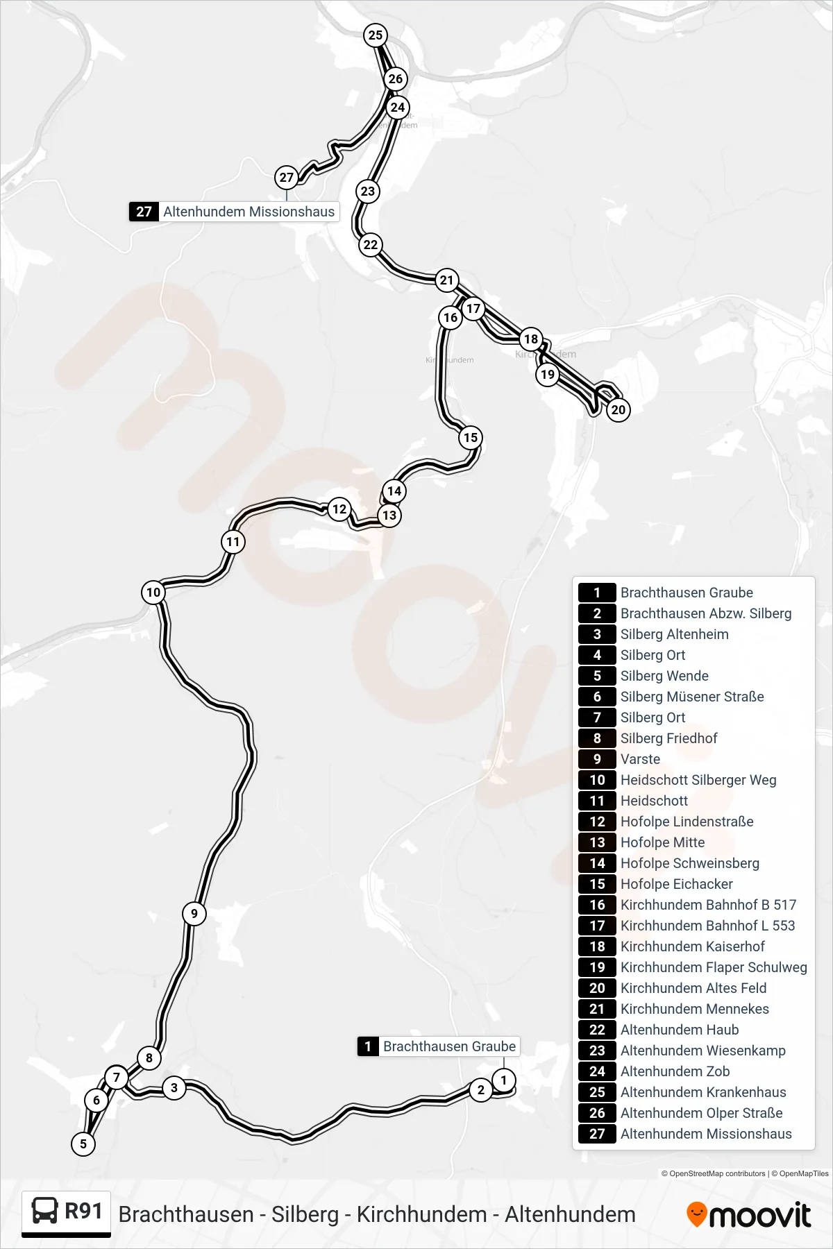 R91 bus Line (Altenhundem Missionshaus) route and stops on a map