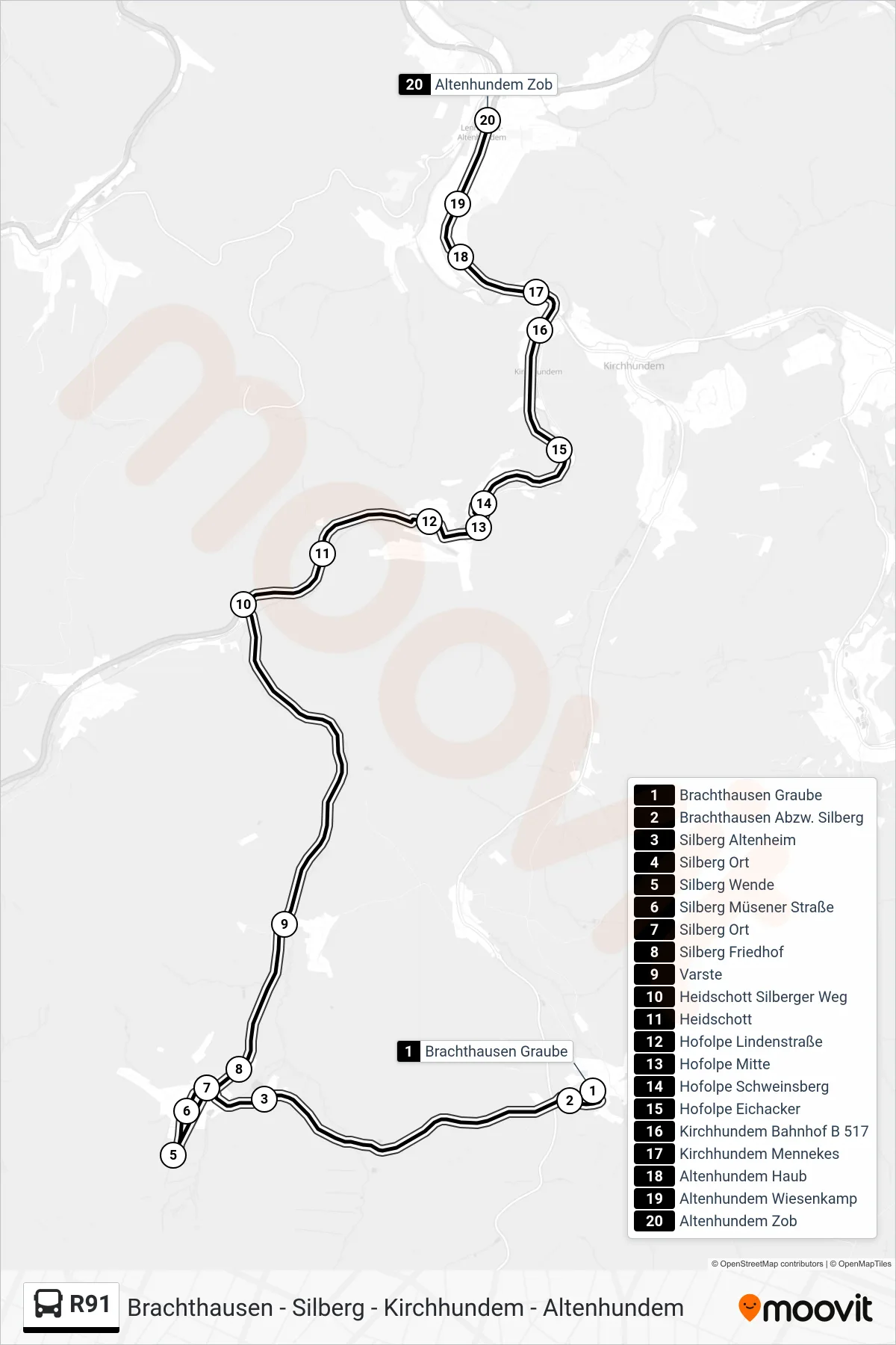 R91 bus Line (Altenhundem Zob Bstg 1c) route and stops on a map