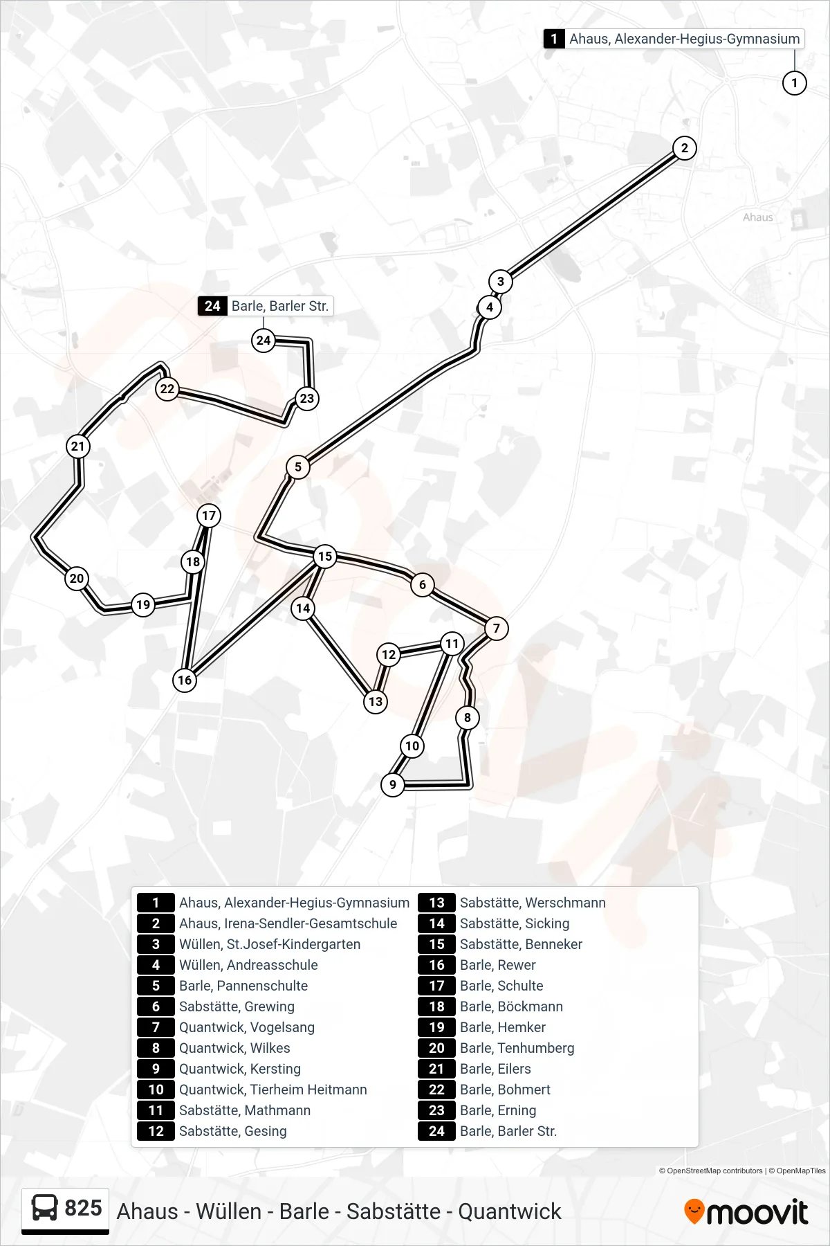 825 bus Line (Barle, Barler Str.) route and stops on a map