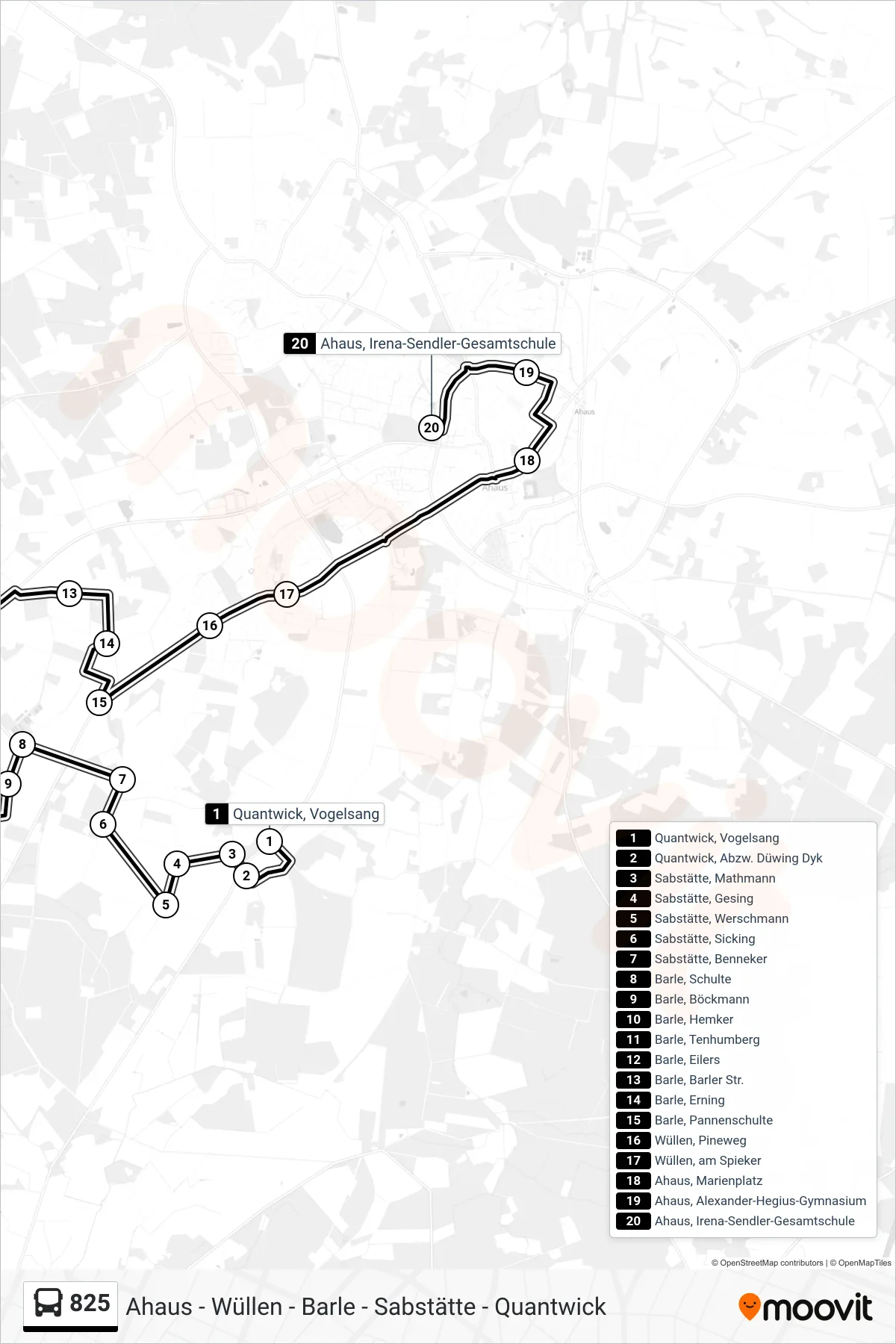 825 bus Line (Ahaus, Irena-Sendler-Gesamtschule) route and stops on a map