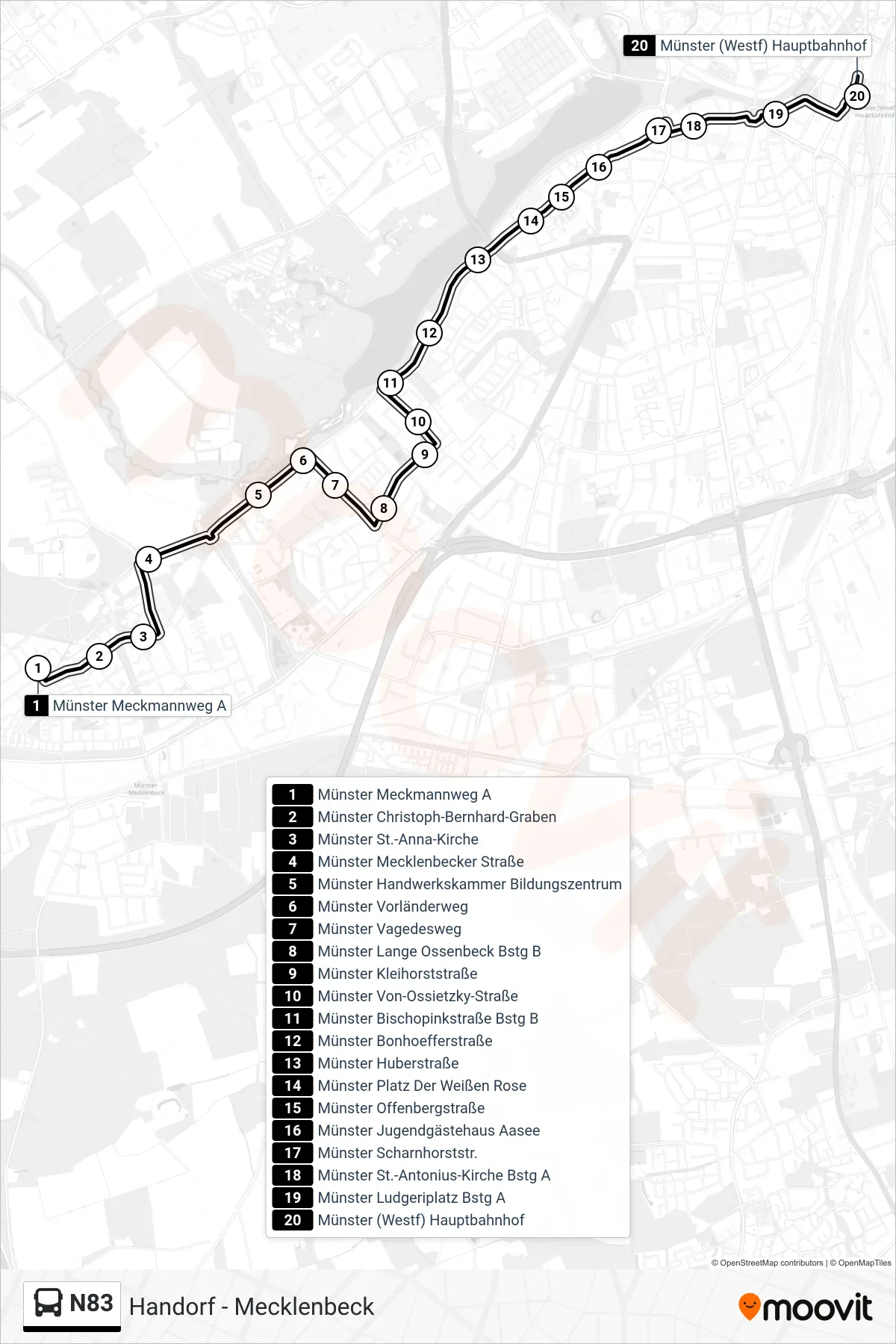 N83 bus Line (Hauptbahnhof) route and stops on a map