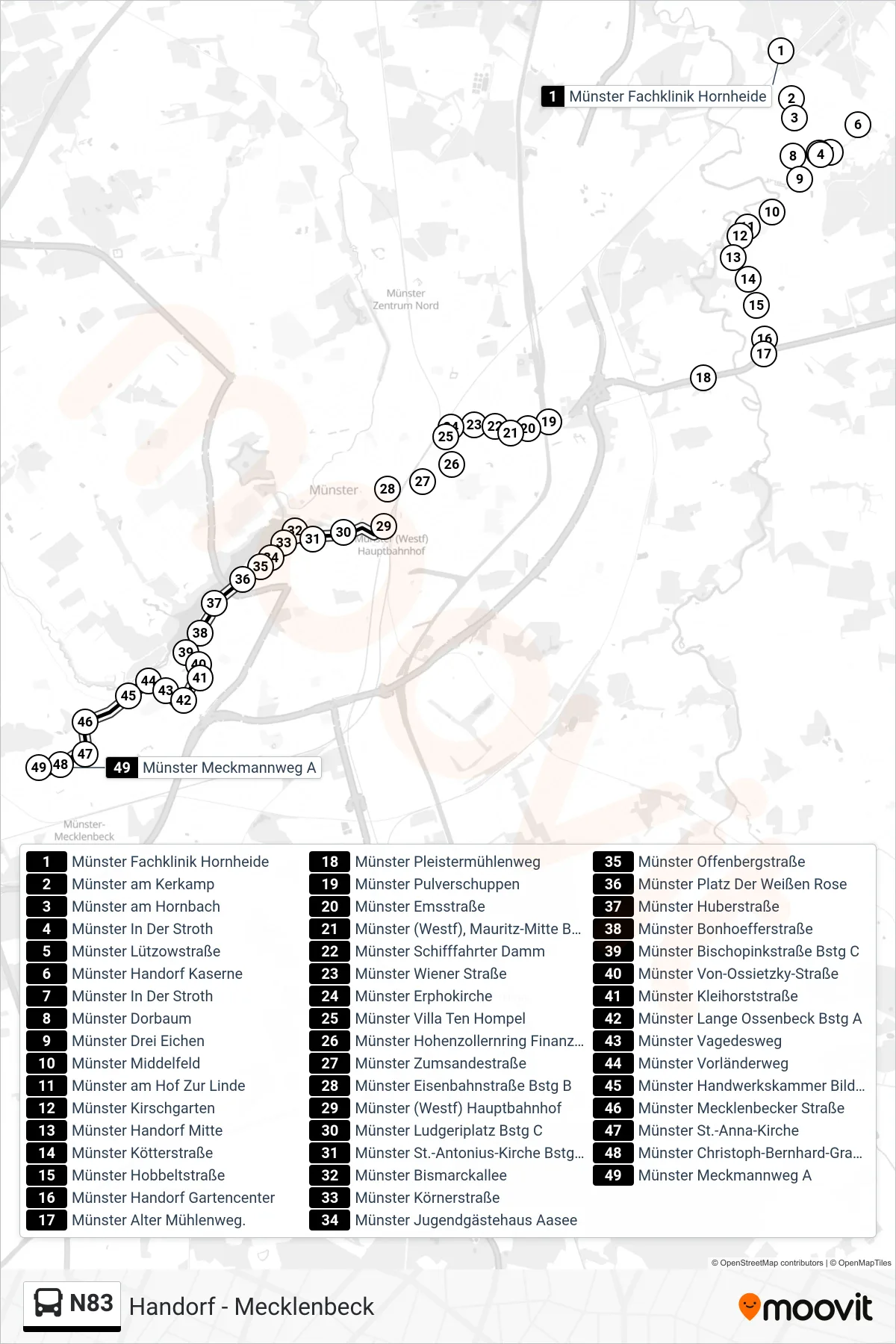 N83 bus Line (Mecklenbeck Meckmannweg) route and stops on a map