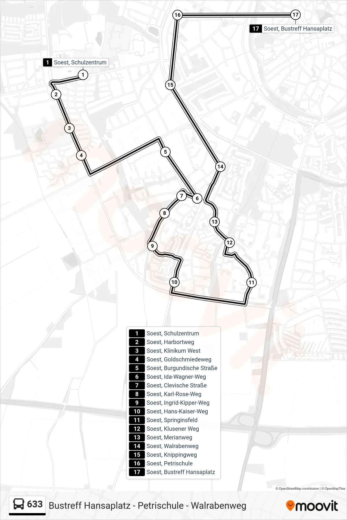 Linie 633 (Bus) Richtung Soest, Bustreff Hansaplatz B: Route und Haltestellen auf der Karte