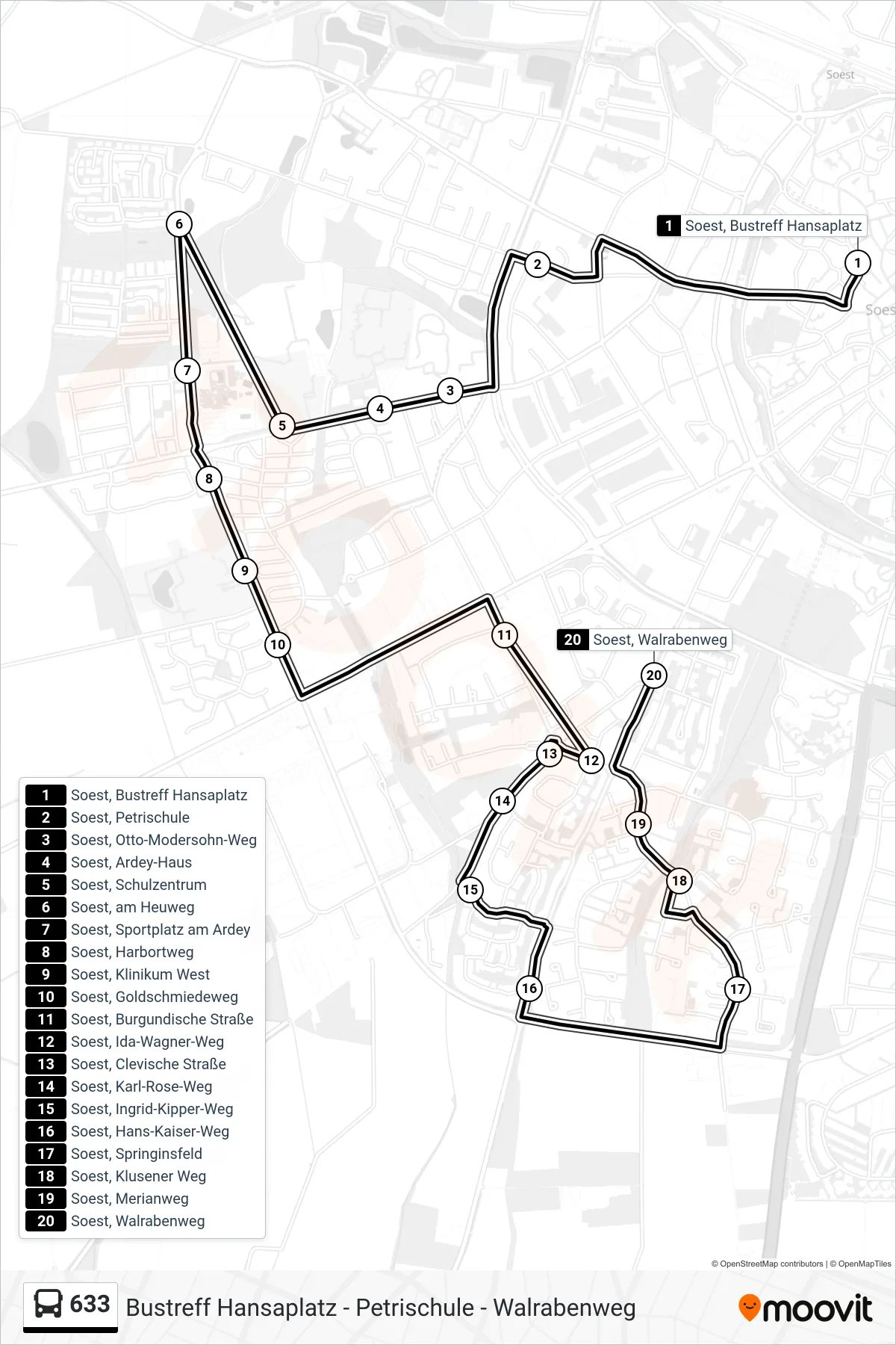633 bus Line (Soest, Walrabenweg) route and stops on a map