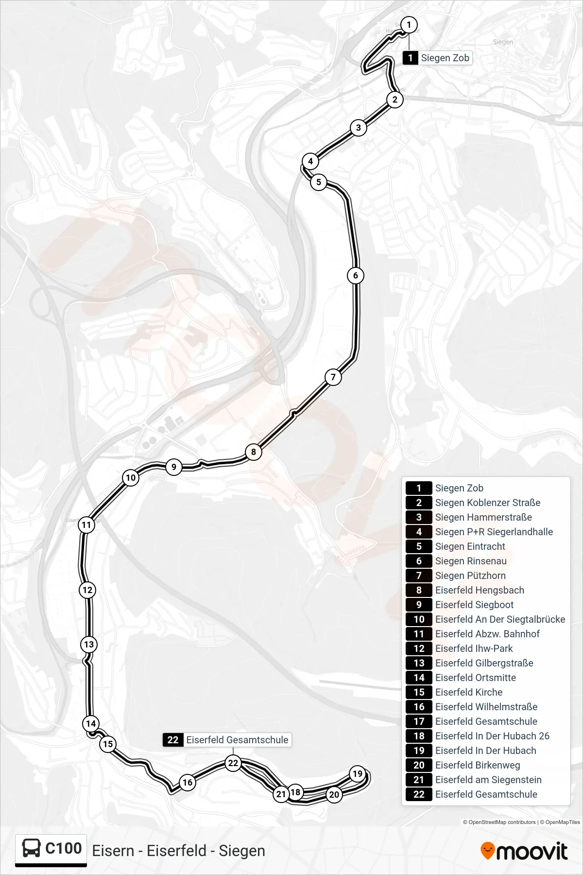 C100 bus Line (Eiserfeld Gesamtschule) route and stops on a map