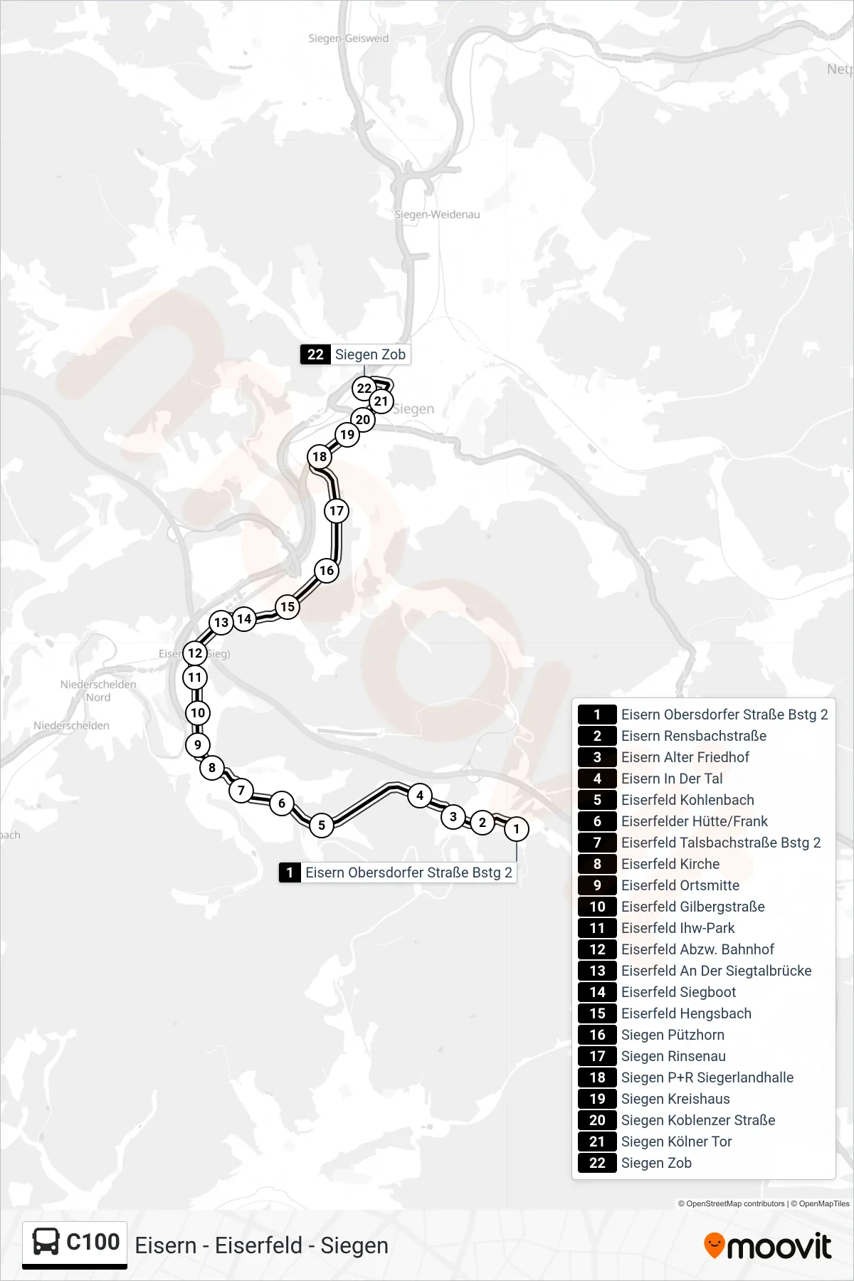 Linie C100 (Bus) Richtung Siegen Zob Bstg A: Route und Haltestellen auf der Karte
