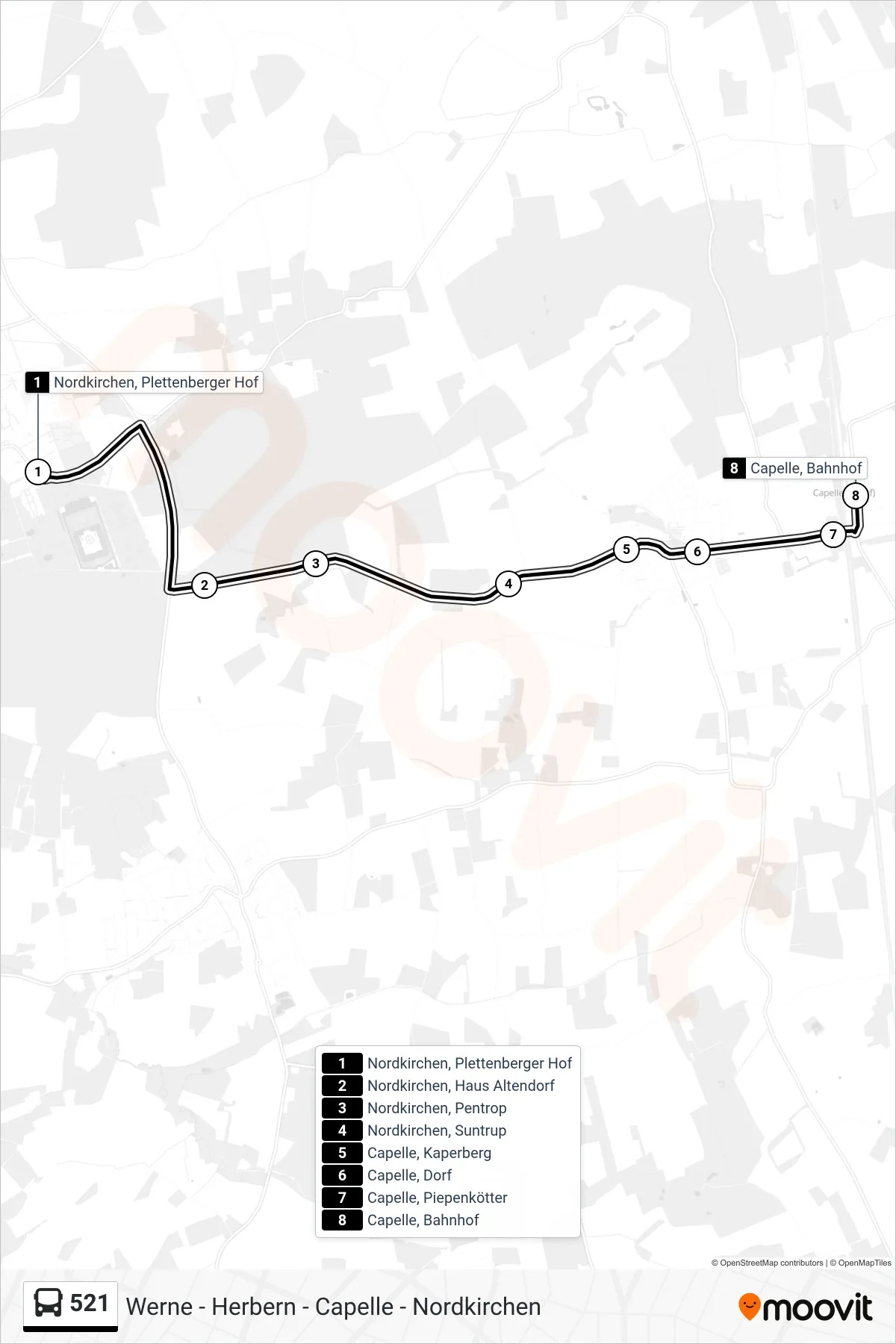 521 bus Line (Capelle, Bahnhof) route and stops on a map